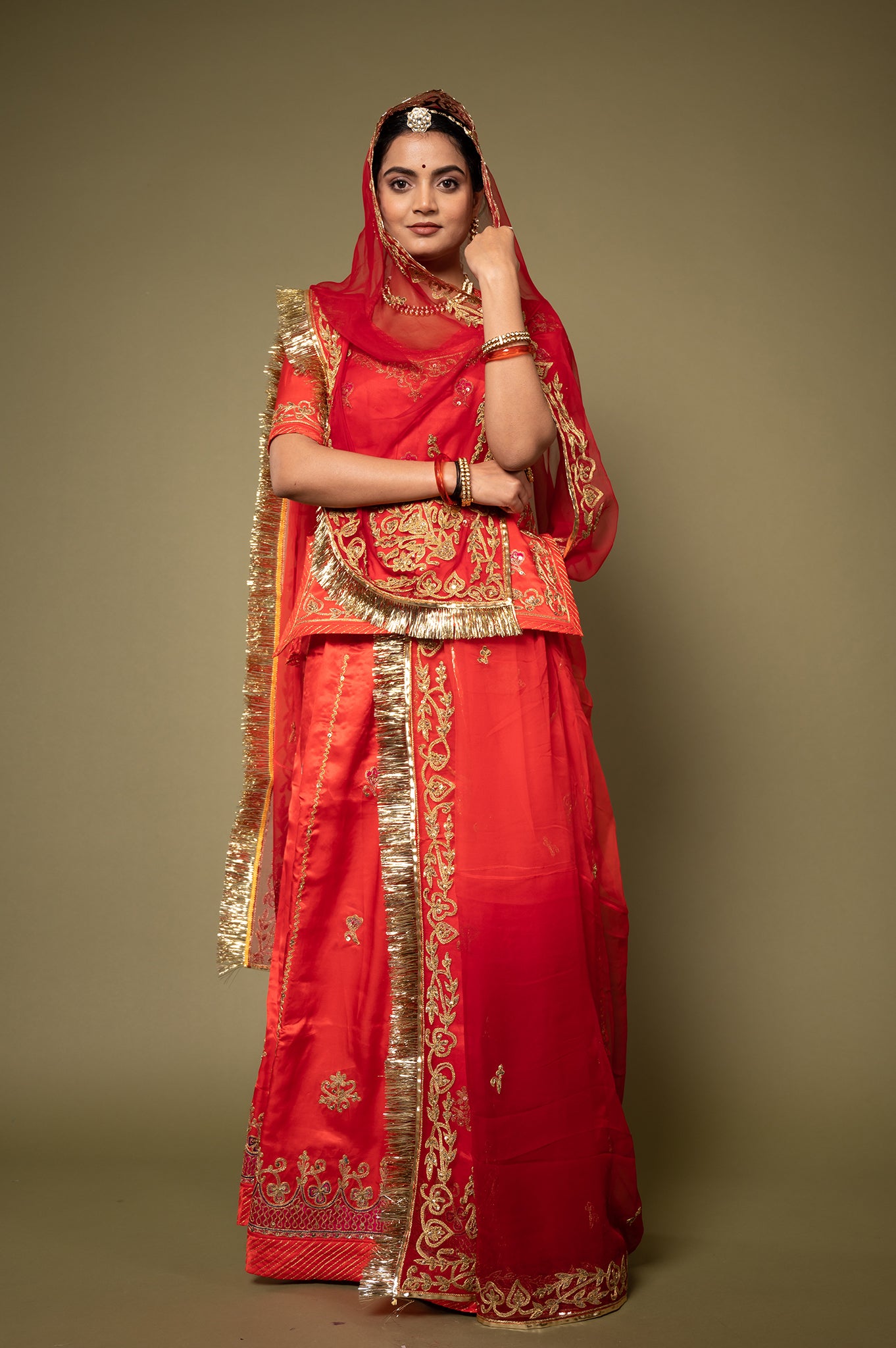 Red Pure Silk Satin Real Silver Kalabatu Handwork Rajputi Poshak  with Pure odhna