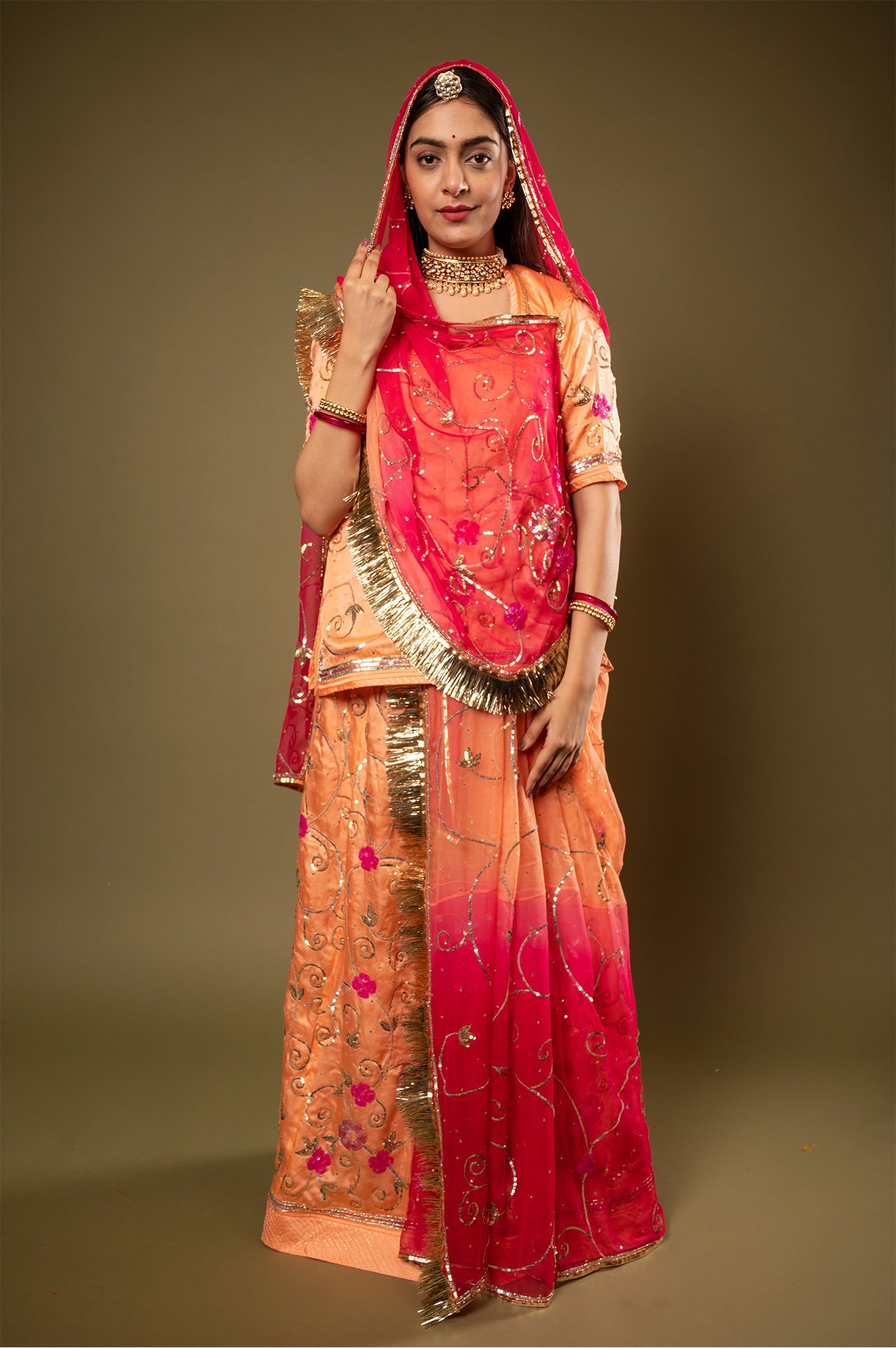 Peach Multi  Odhana bamber satin sequins jaal handwork Rajputi Poshak  with Pure odhna