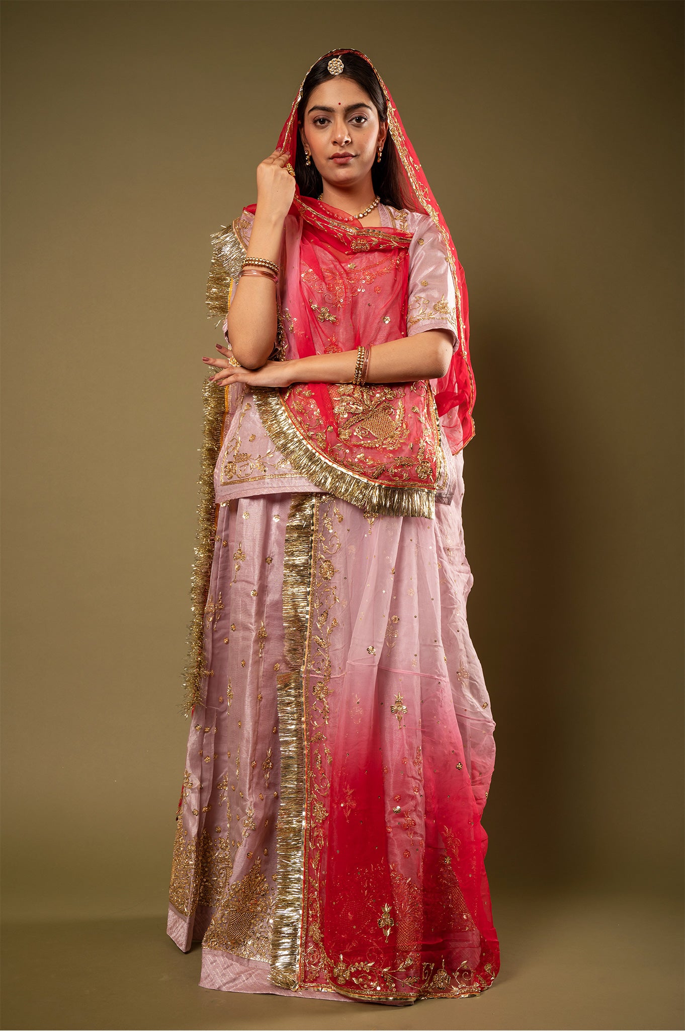 Pink Shaded Odhana Pure Tissue Zardozi Border butti handwork Rajputi Poshak  with Pure odhna
