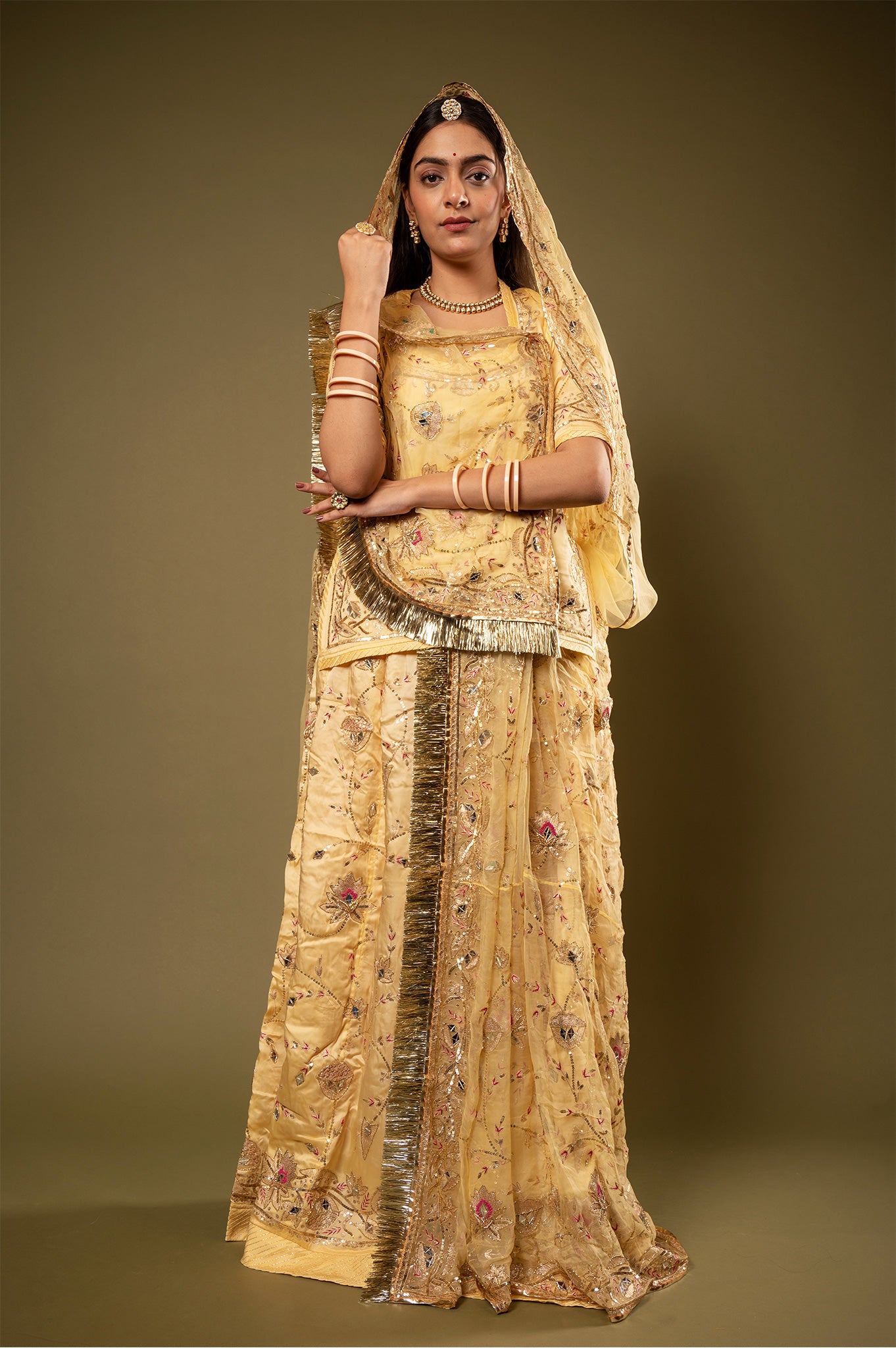 Light Yellow bamber satin Aari Sequins kardana Resham Jaal handwork Rajputi Poshak  with Pure odhna