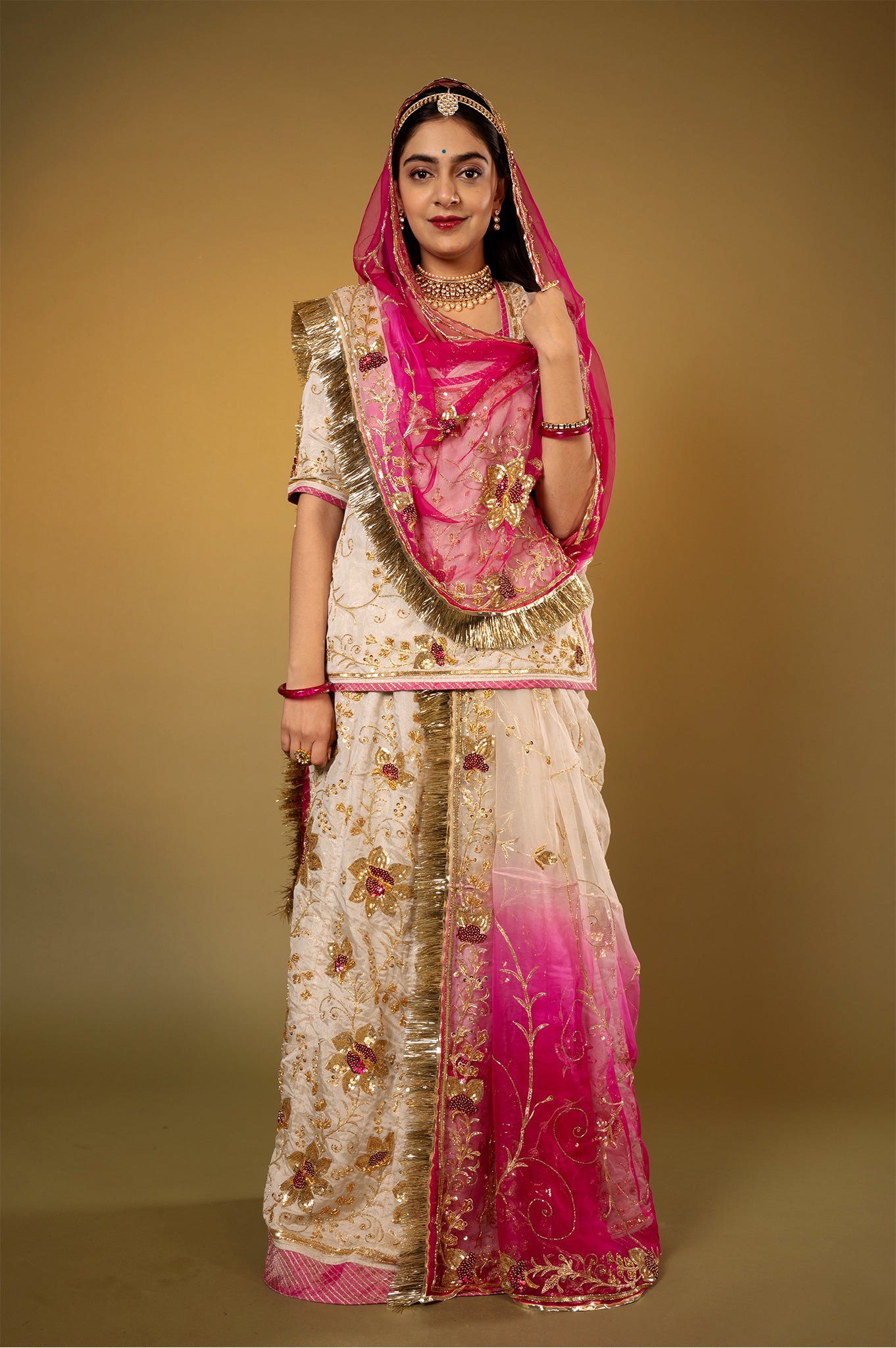 Ivory Pure Tissue Zardozi Sequins Jaal handwork Rajputi Poshak  with Pure odhna