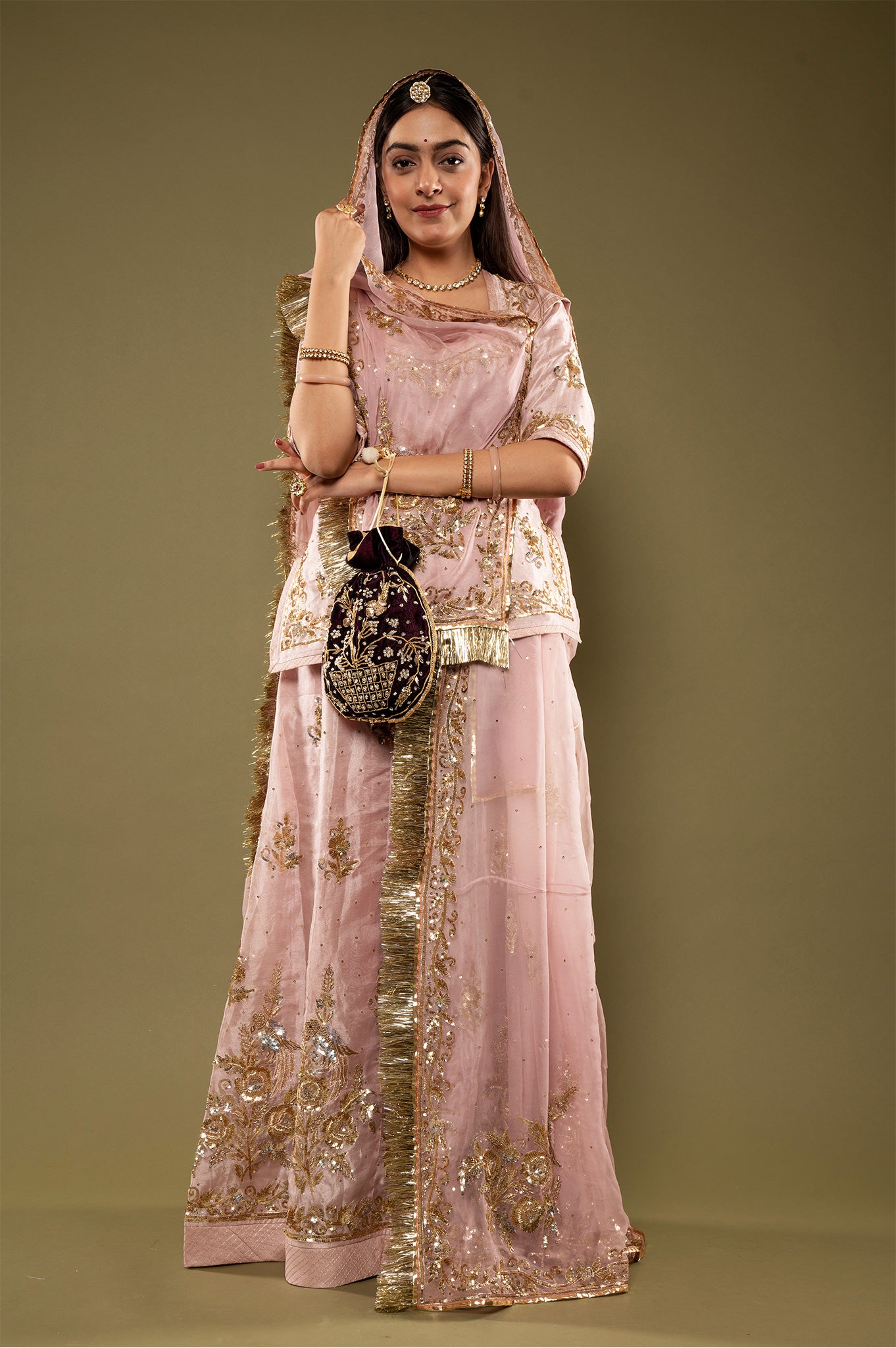 Light Pink Pure Tissue Sequins Kardana Zardozi Border Butti handwork Rajputi Poshak  with Pure odhna