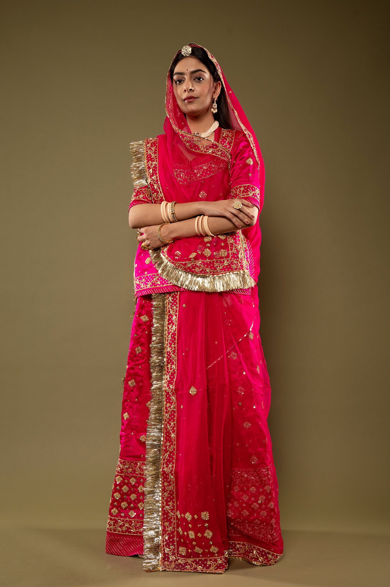 Rani bamber satin Zardozi Border Butti handwork Rajputi Poshak  with Pure odhna