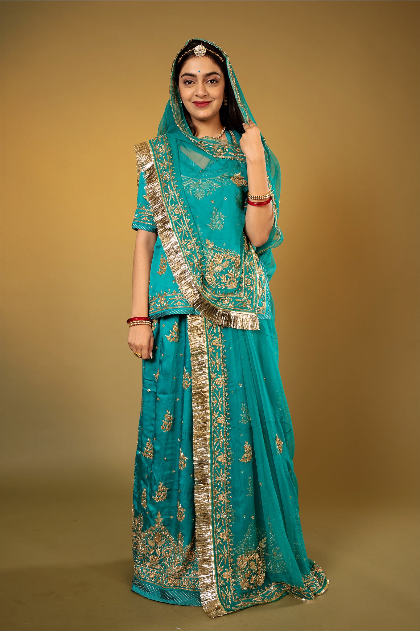 rama blue bamber satin zardozi handwork Rajputi Poshak  with Pure odhna