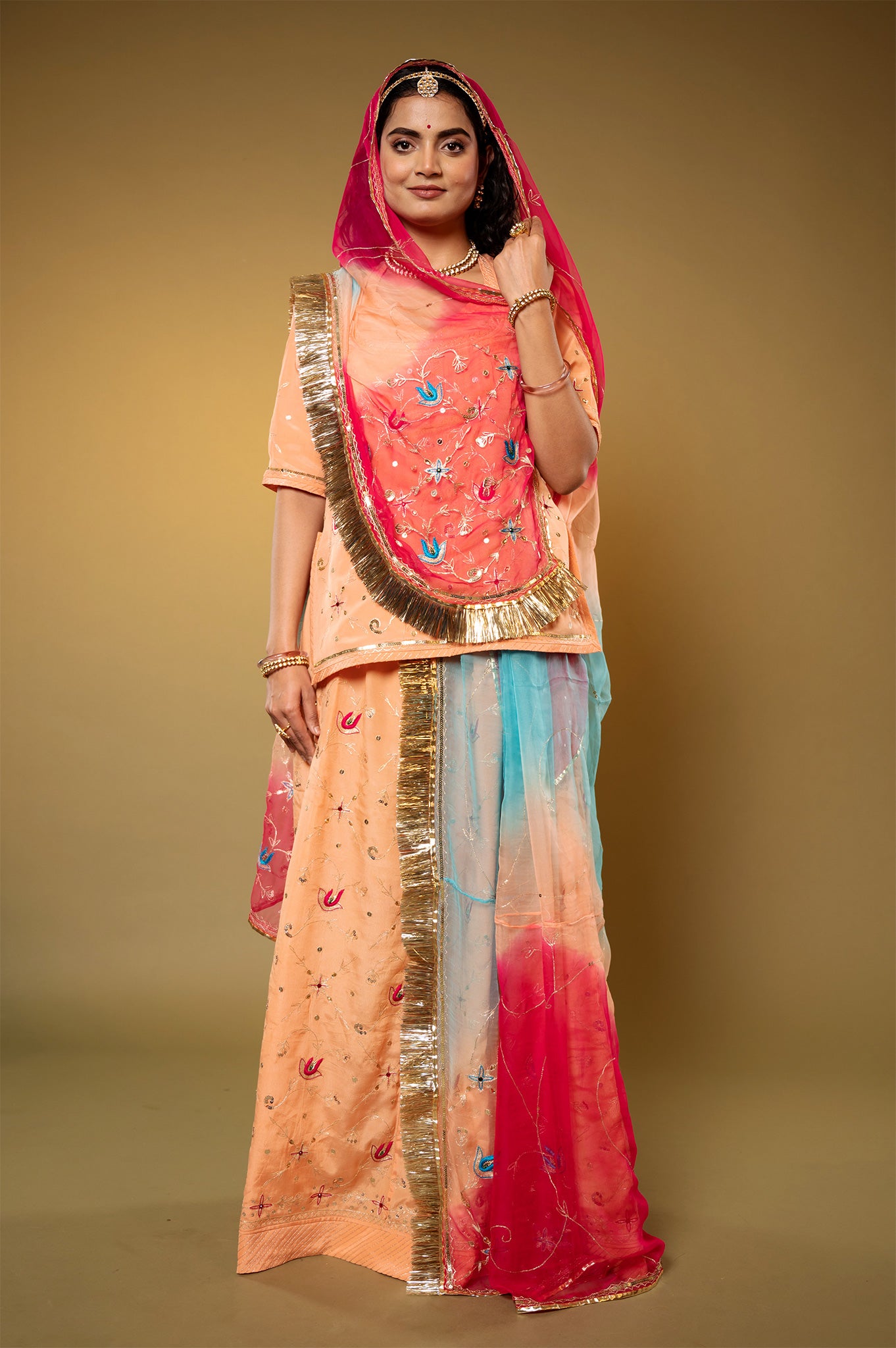 Peach Crepe aari sequins handwork Rajputi Poshak  with Pure odhna