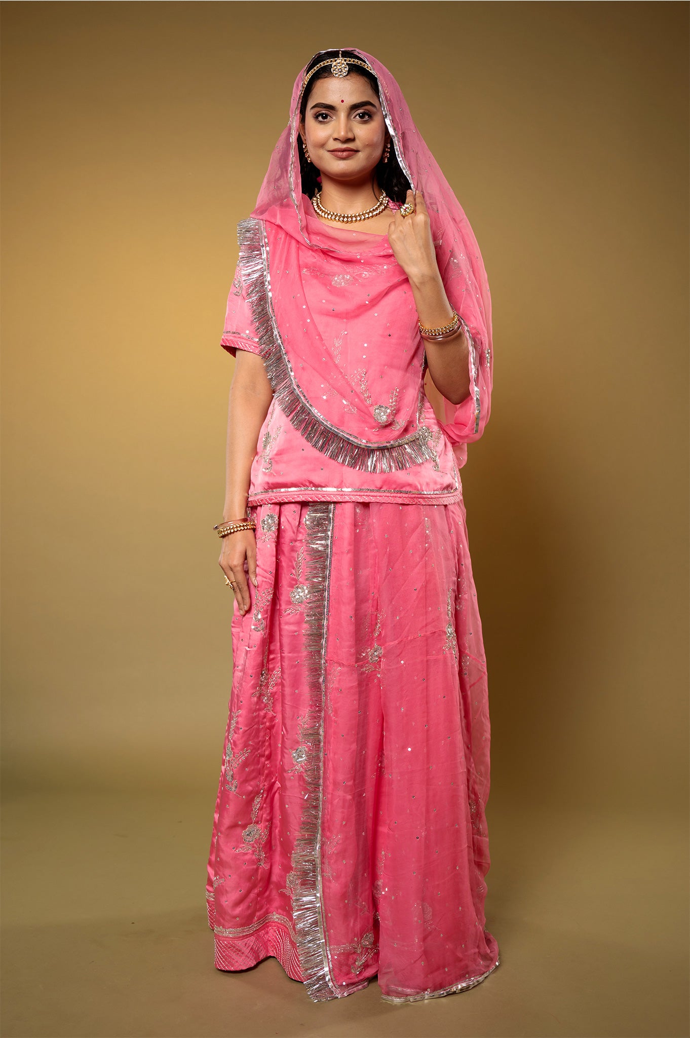 Pink bamber satin aari sequins kar dana handwork Rajputi Poshak  with Pure odhna