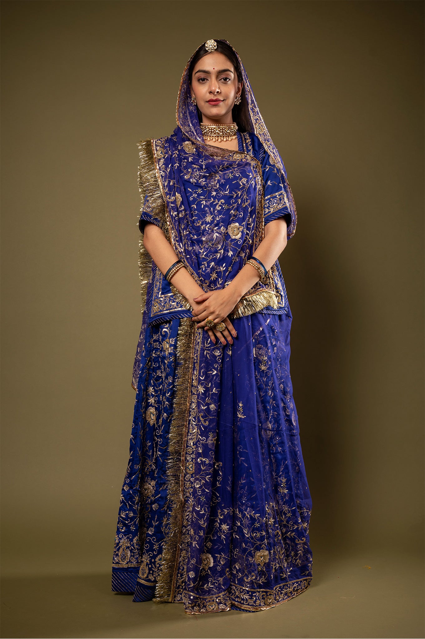 Blue light dark bamber satin Aari Kardana Sequins Jaal handwork Rajputi Poshak  with Pure odhna