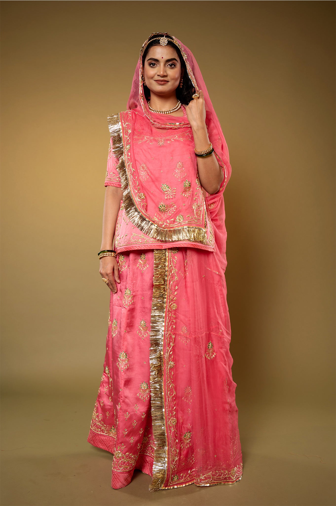 gajri bamber satin aari zardozi handwork Rajputi Poshak  with Pure odhna