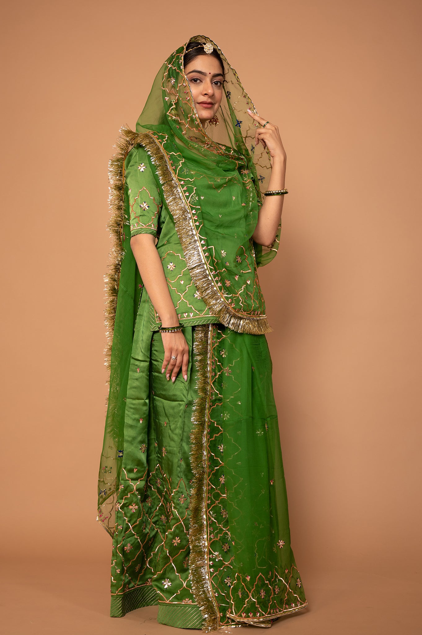 Green Pure Silk Satin Real Silver Sikhiya Handwork Rajputi Poshak  with Pure odhna