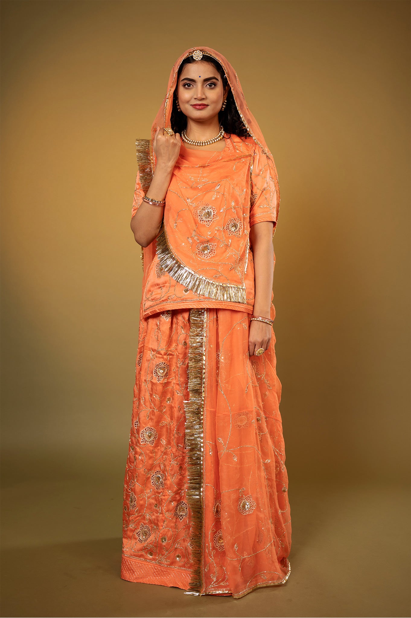 peach bamber satin aari katori cur work handwork Rajputi Poshak  with Pure odhna