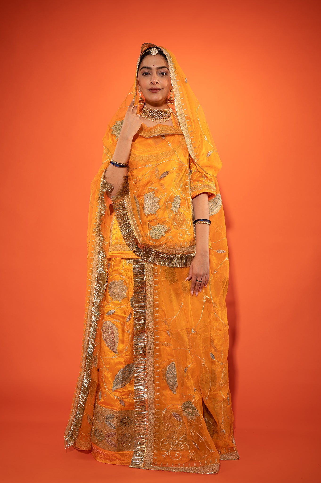 Yellow Kesari  Pure Silk Satin Real Silver Chanderi Handwork Rajputi Poshak  with Pure odhna