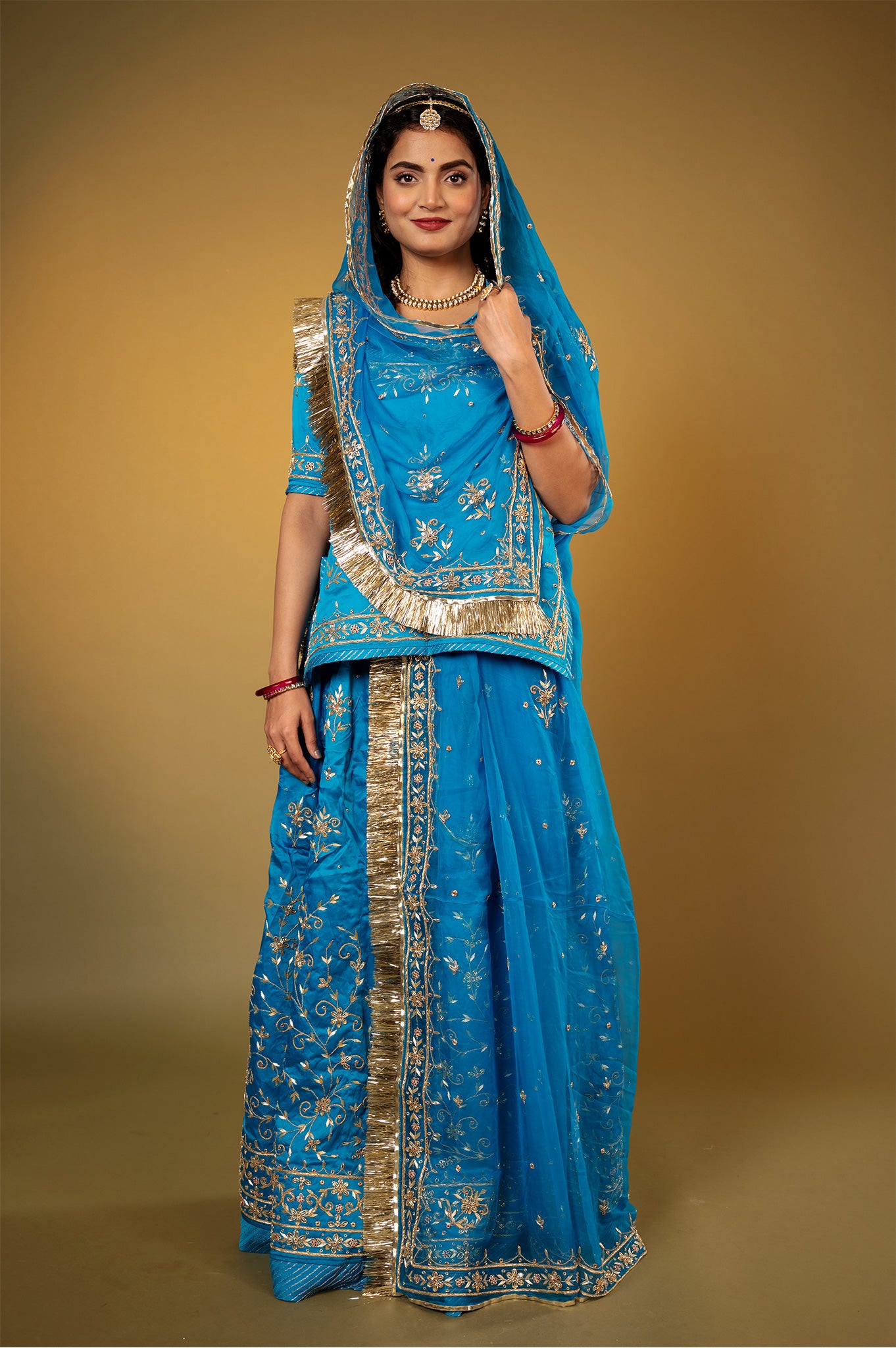 blue bamber satin zardozi handwork Rajputi Poshak  with Pure odhna