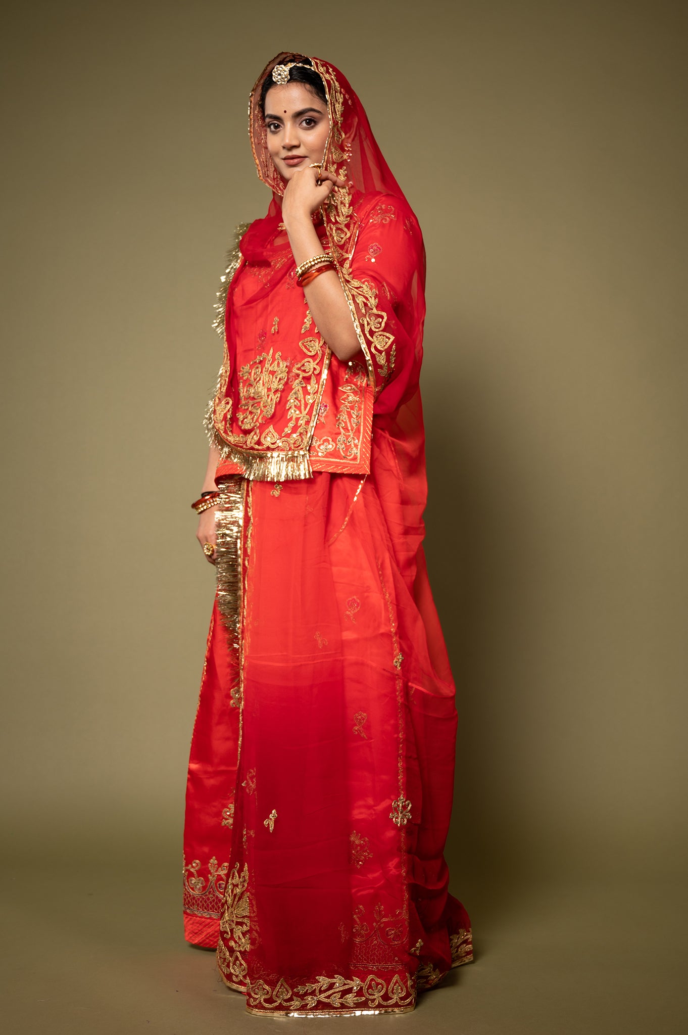 Red Pure Silk Satin Real Silver Kalabatu Handwork Rajputi Poshak  with Pure odhna