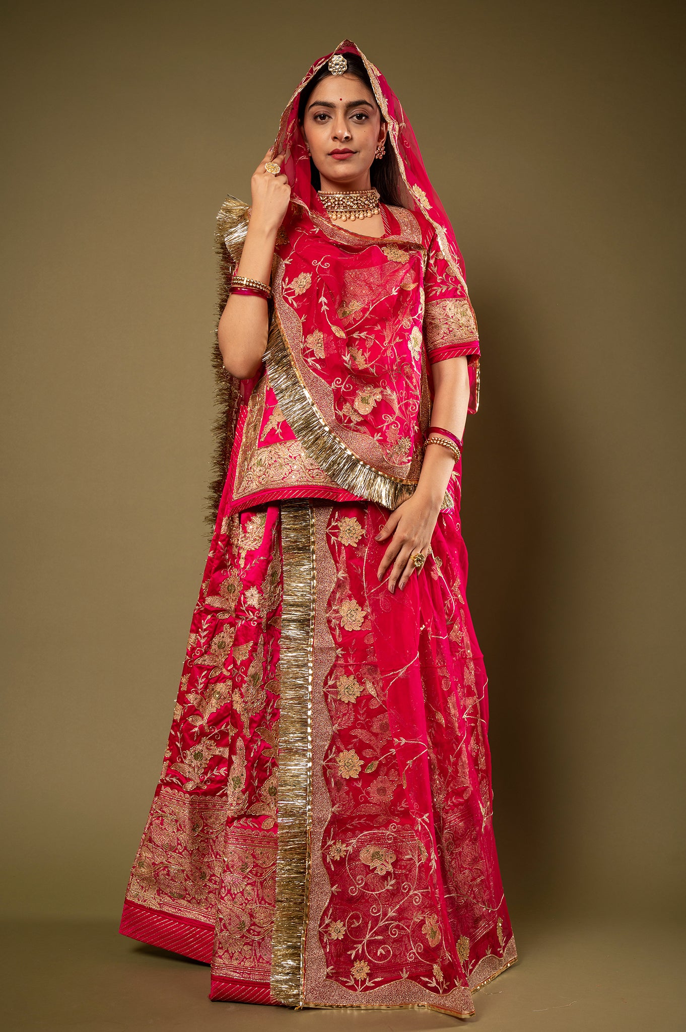 Red Pure Silk Satin Real Silver Chanderi Handwork Rajputi Poshak  with Pure odhna