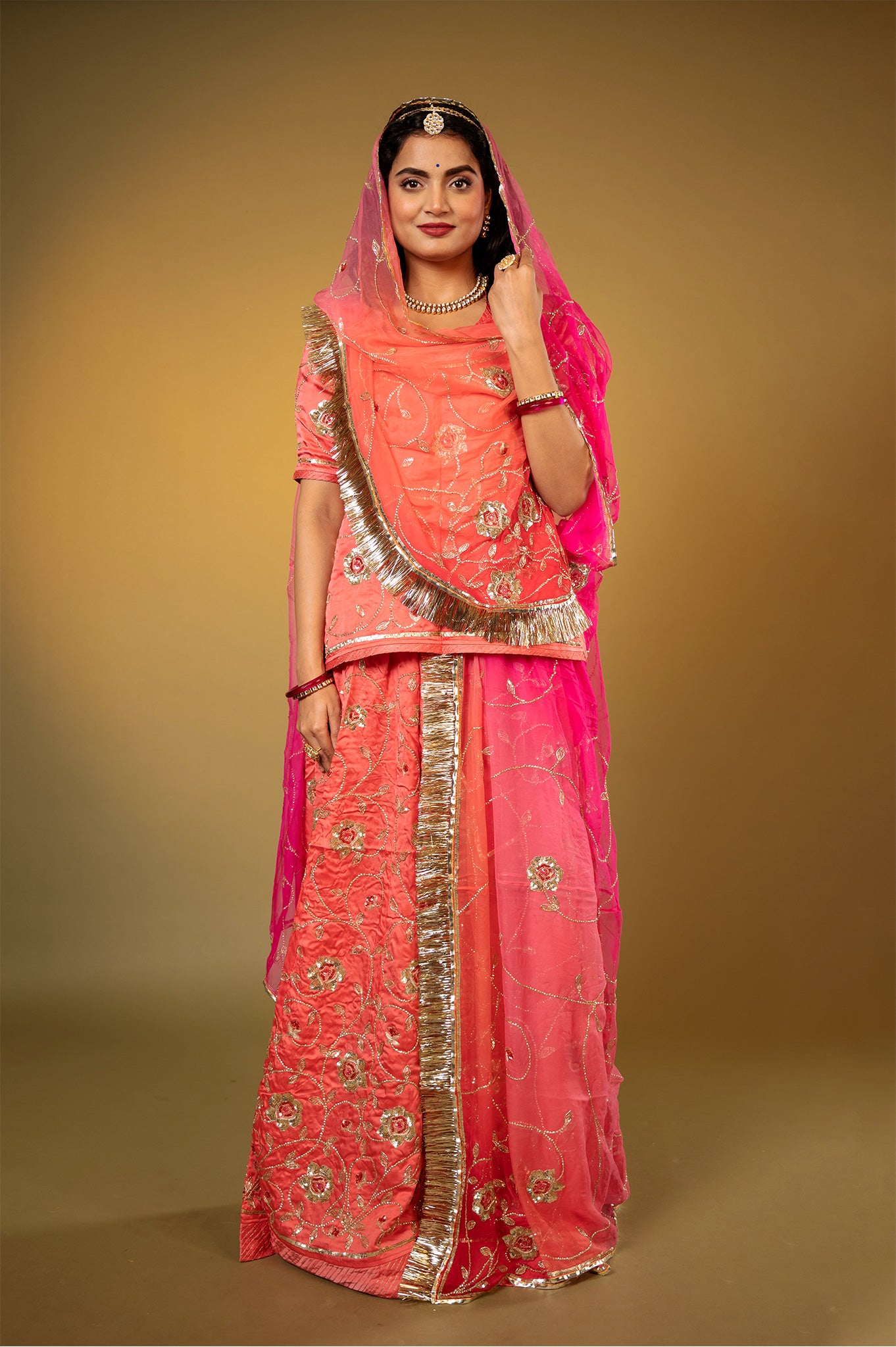 Coral  bamber satin Aari Sequins handwork Rajputi Poshak  with Pure odhna