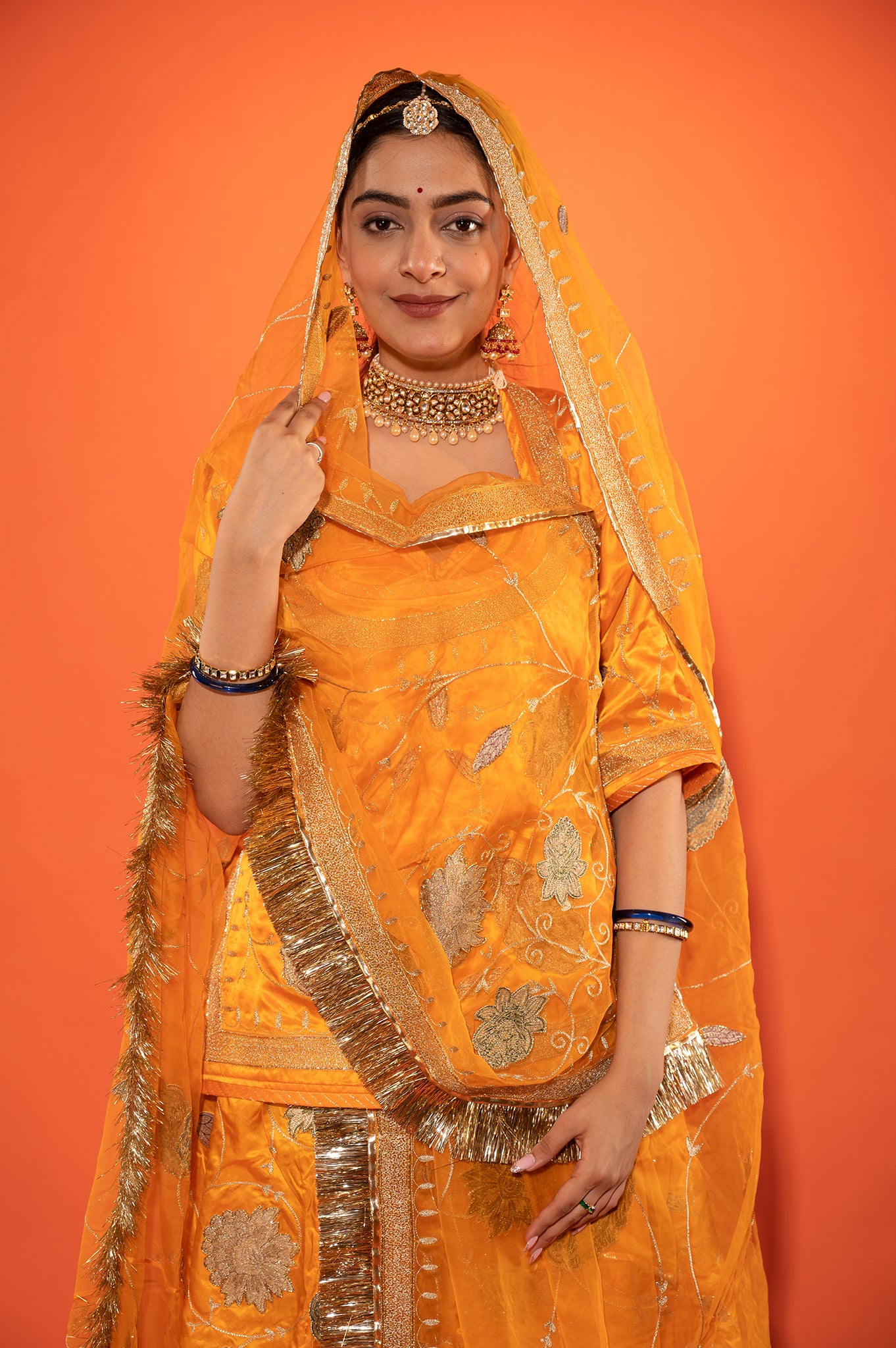 Yellow Kesari  Pure Silk Satin Real Silver Chanderi Handwork Rajputi Poshak  with Pure odhna