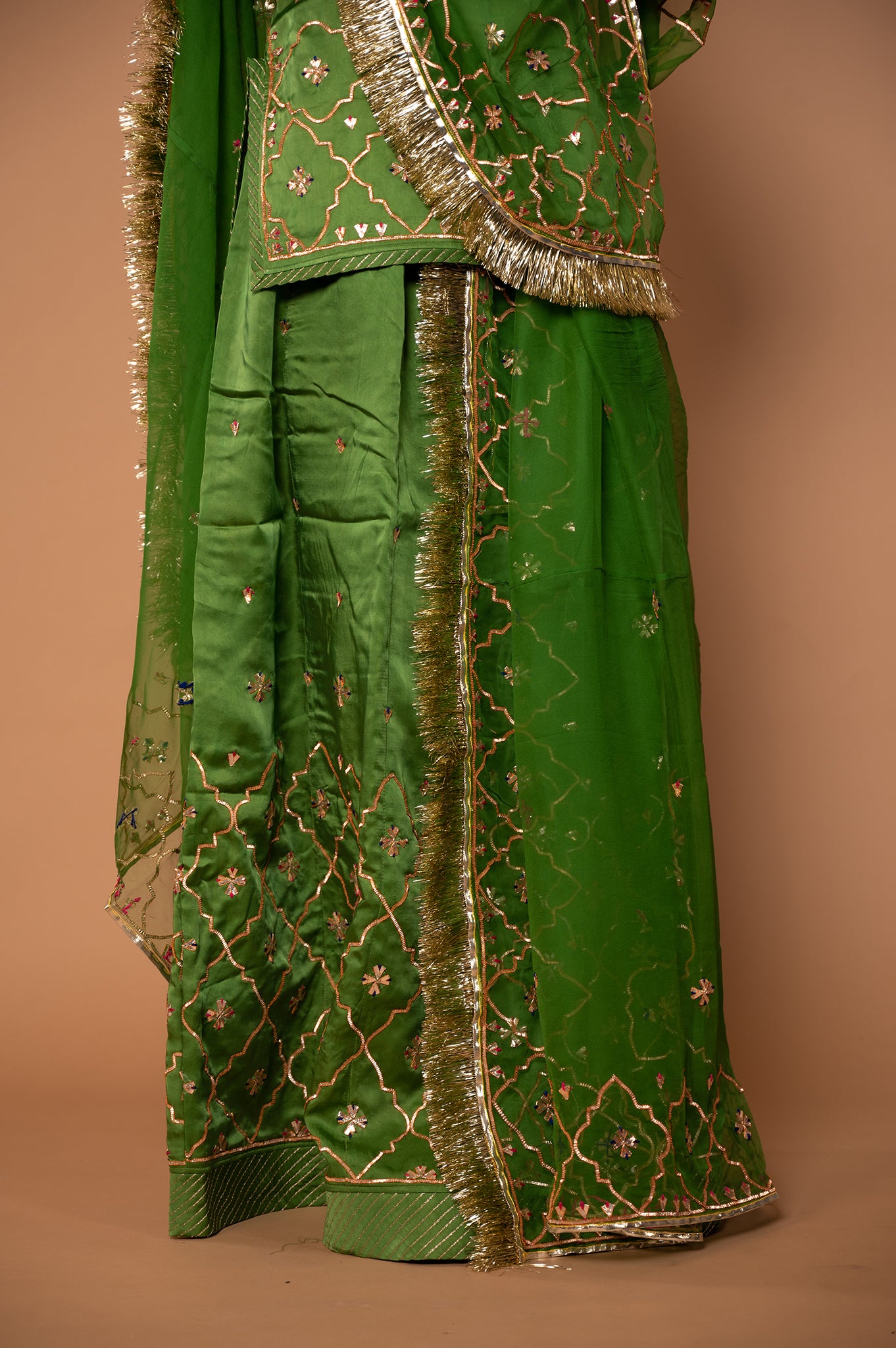 Green Pure Silk Satin Real Silver Sikhiya Handwork Rajputi Poshak  with Pure odhna