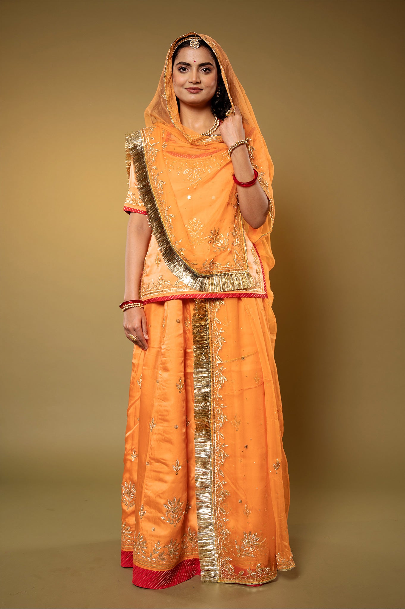 orange bamber satin sikhiya zardozi handwork Rajputi Poshak  with Pure odhna