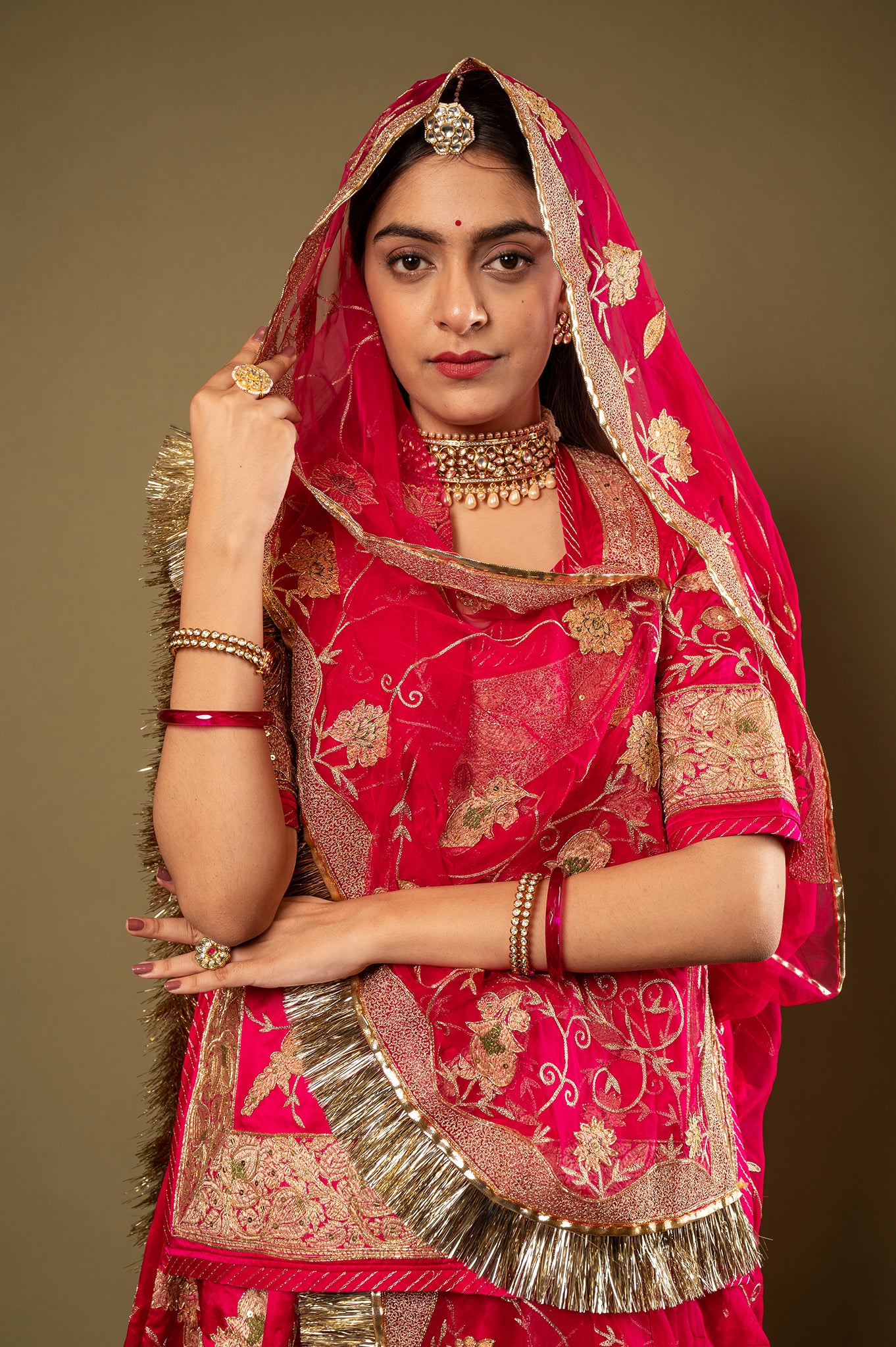 Red Pure Silk Satin Real Silver Chanderi Handwork Rajputi Poshak  with Pure odhna