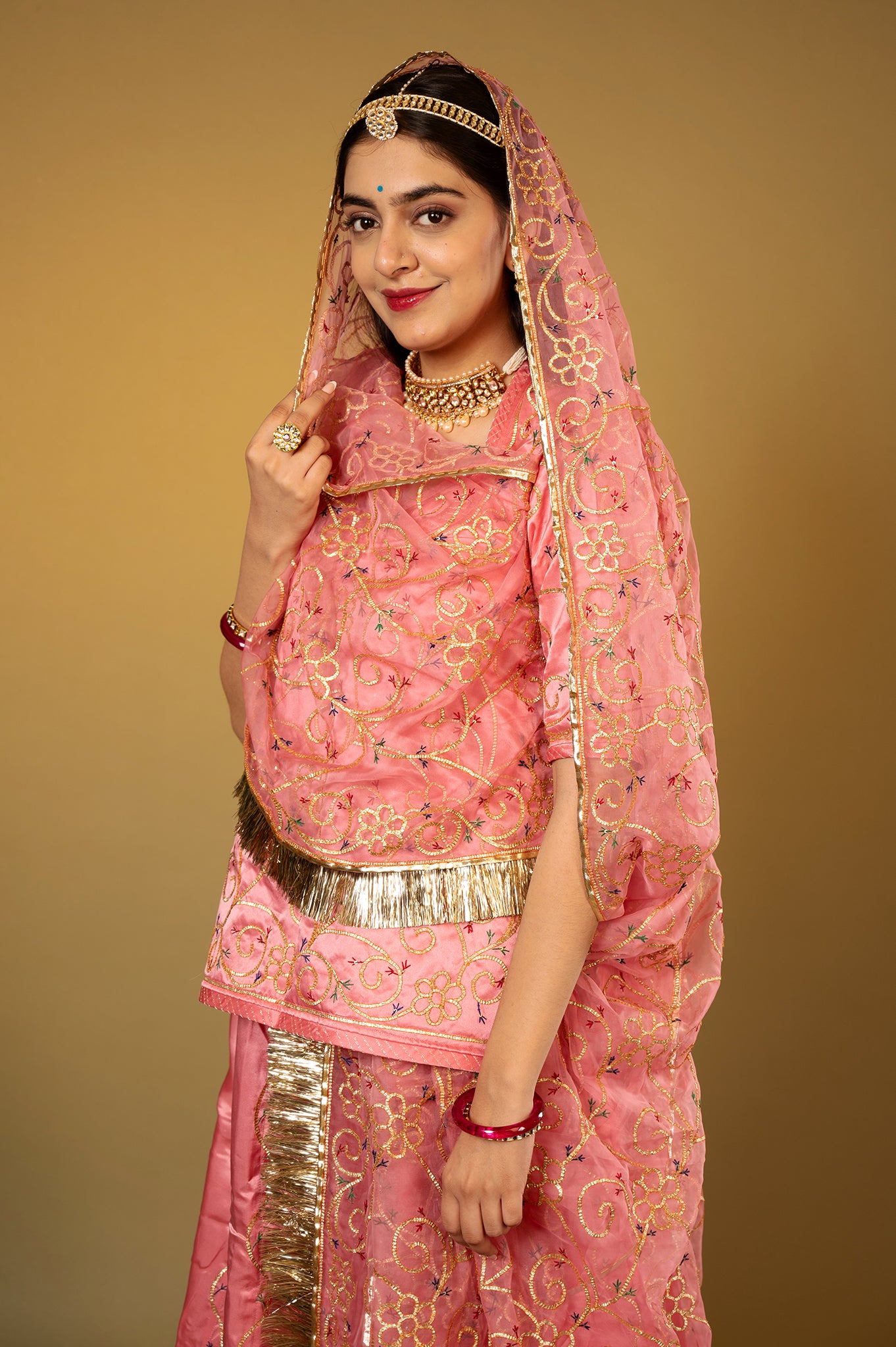Pink Gajri Pure Silk Satin Real Silver Sikhiya Handwork Rajputi Poshak  with Pure odhna