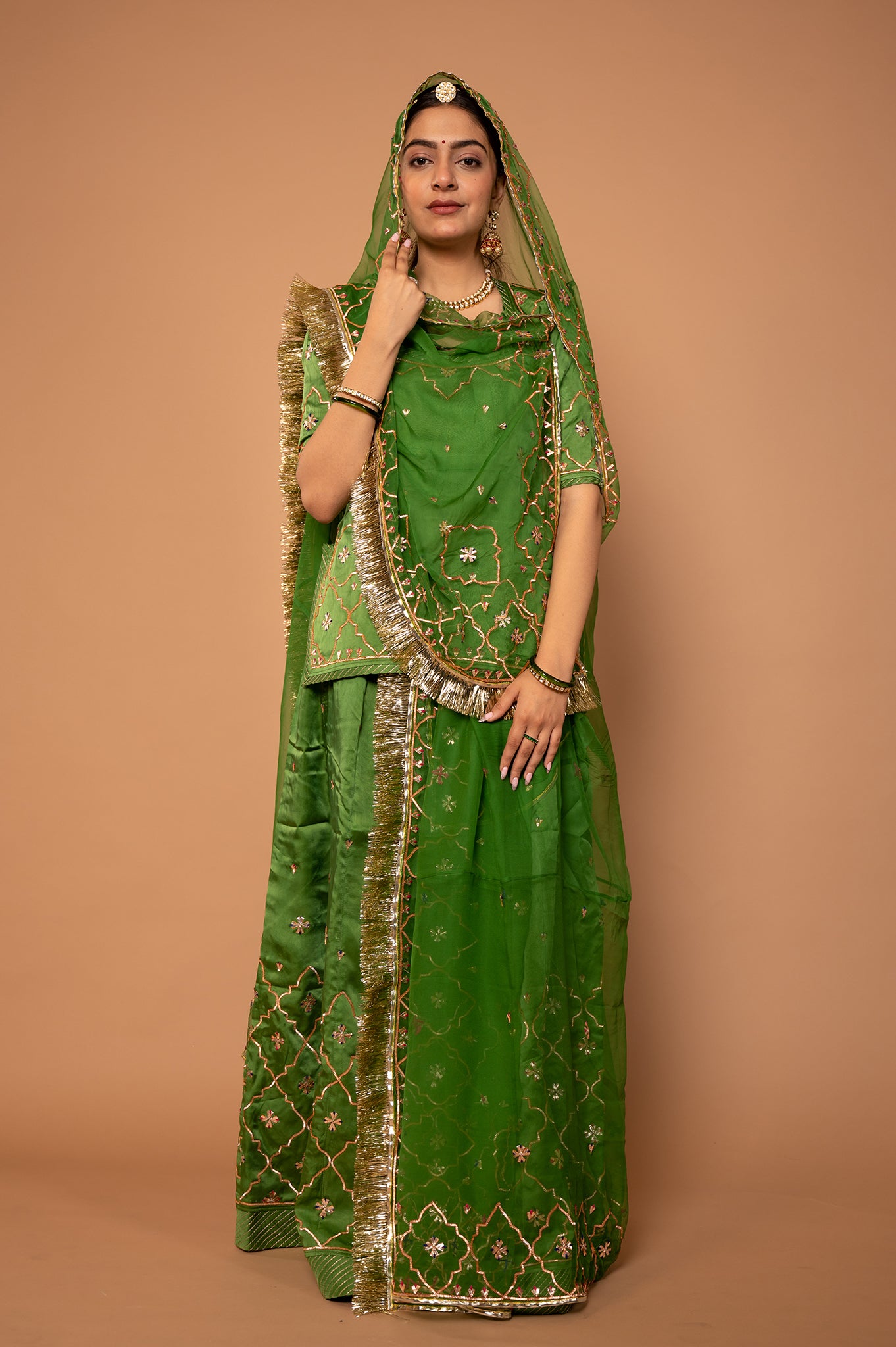Green Pure Silk Satin Real Silver Sikhiya Handwork Rajputi Poshak  with Pure odhna