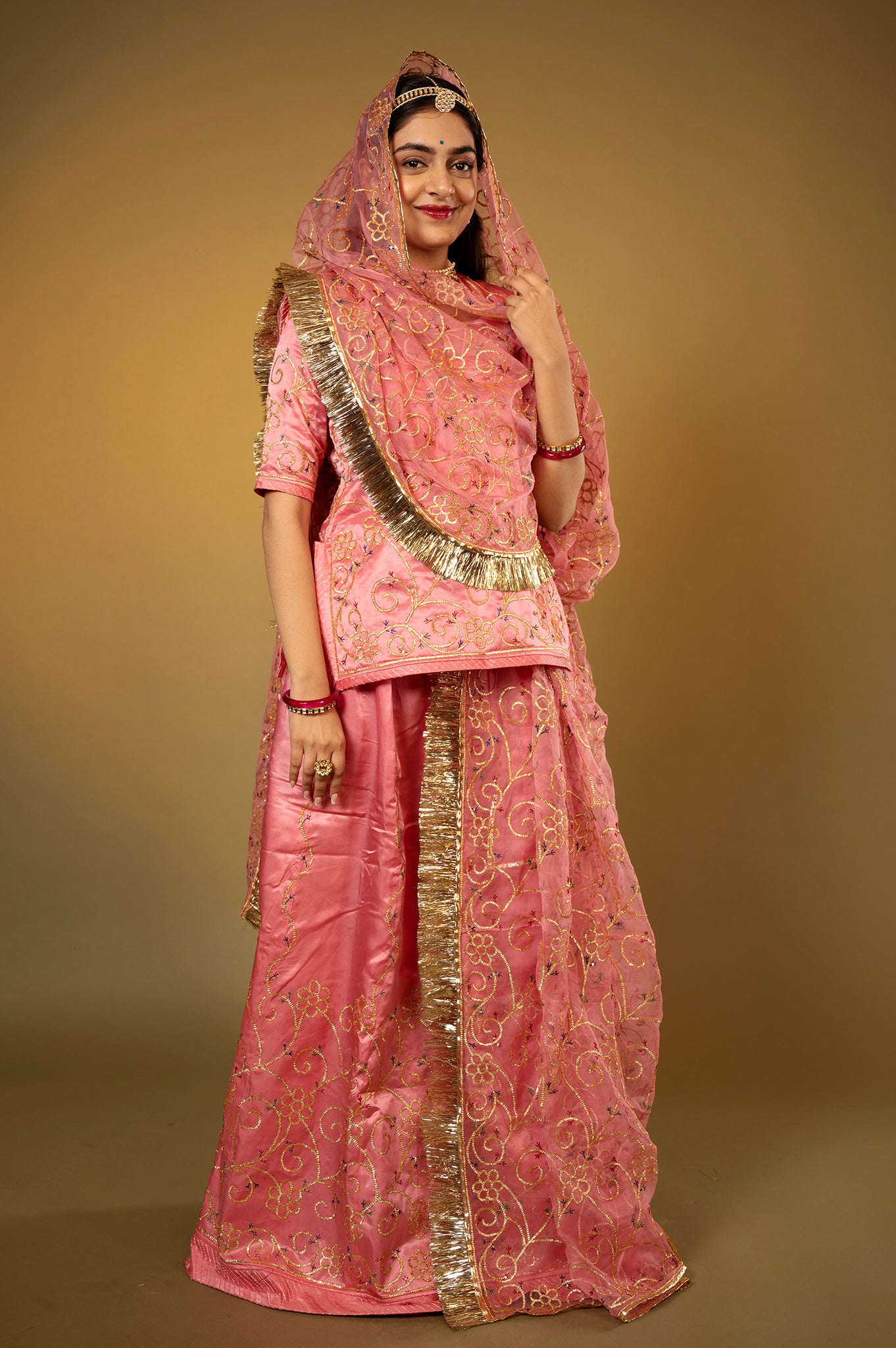 Pink Gajri Pure Silk Satin Real Silver Sikhiya Handwork Rajputi Poshak  with Pure odhna