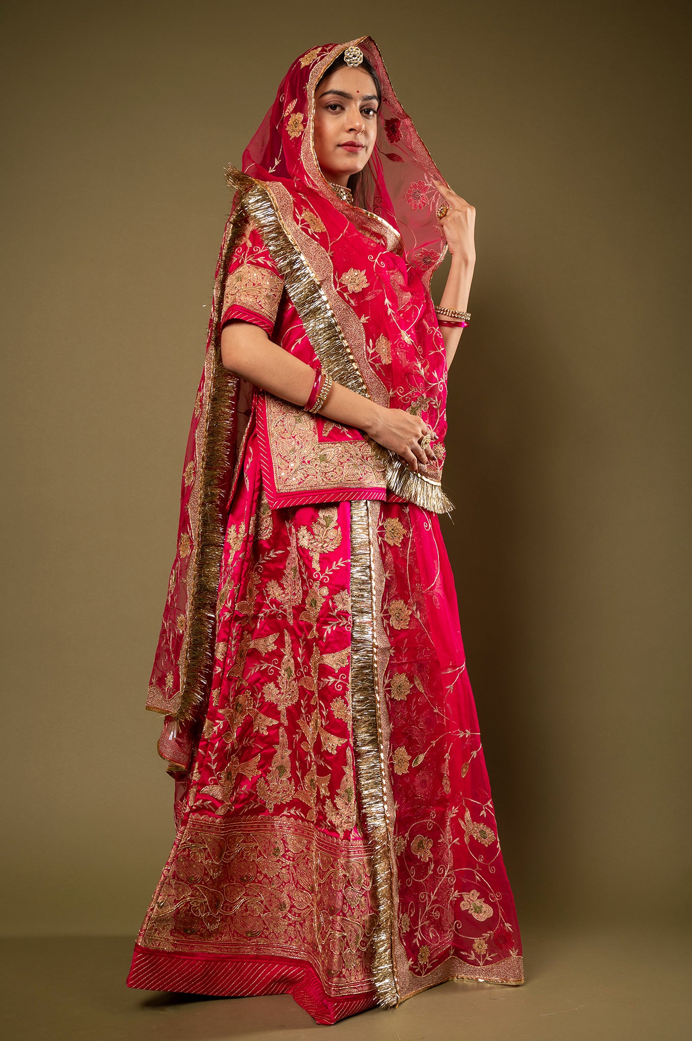 Red Pure Silk Satin Real Silver Chanderi Handwork Rajputi Poshak  with Pure odhna