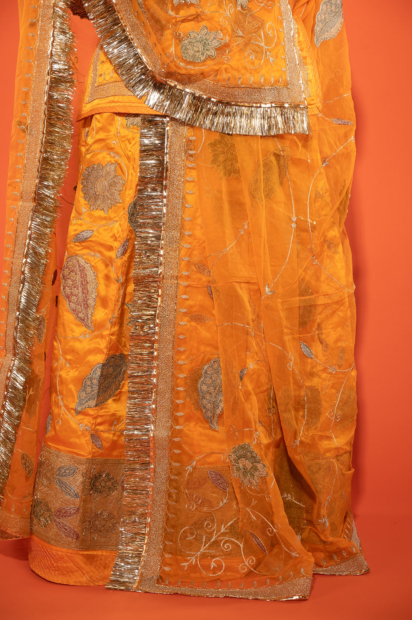 Yellow Kesari  Pure Silk Satin Real Silver Chanderi Handwork Rajputi Poshak  with Pure odhna