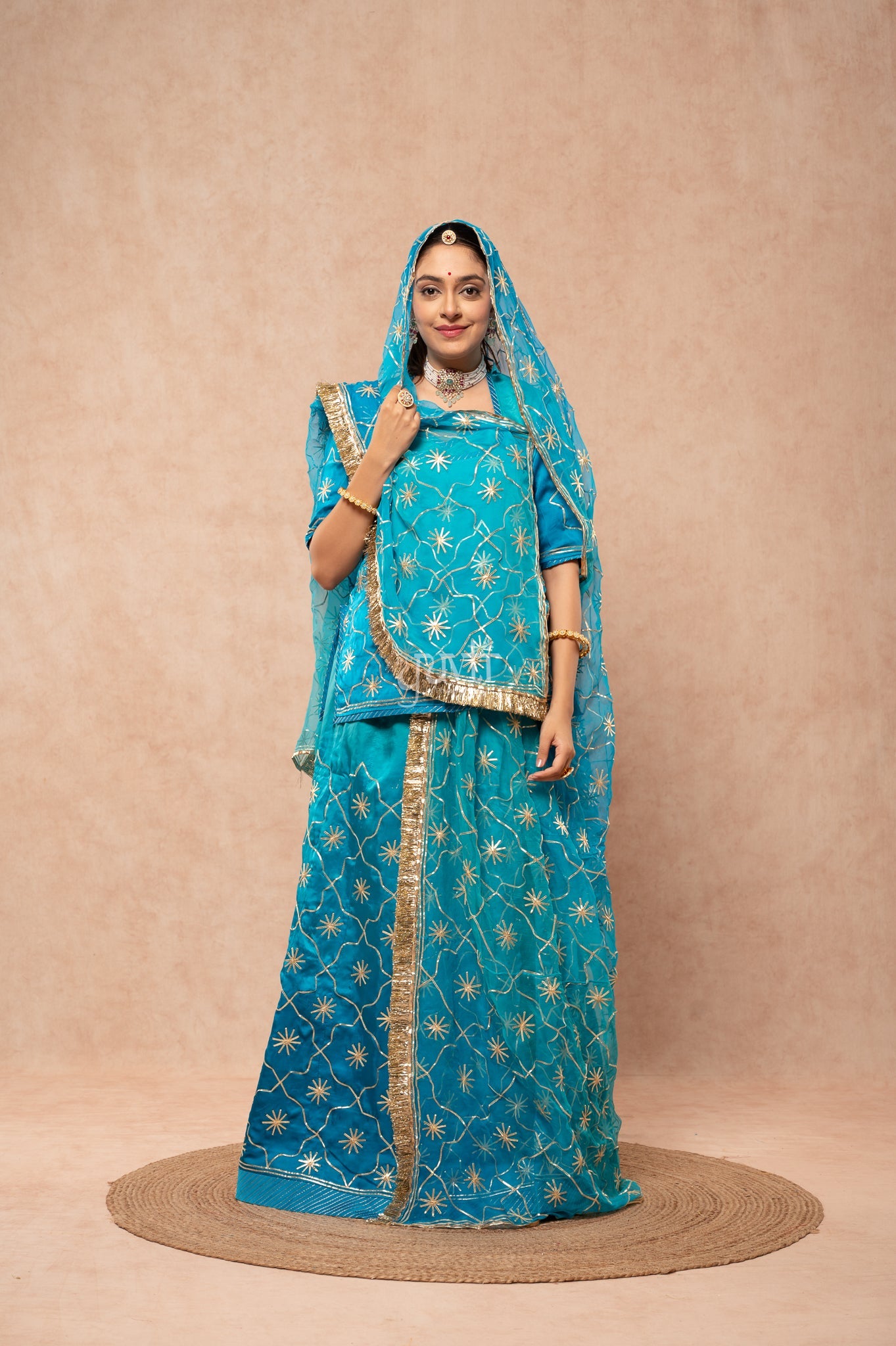 Firozi Bue Bamber Satin Sikhiya Gotta work   Poshak with Pure Odhana (unstitched)