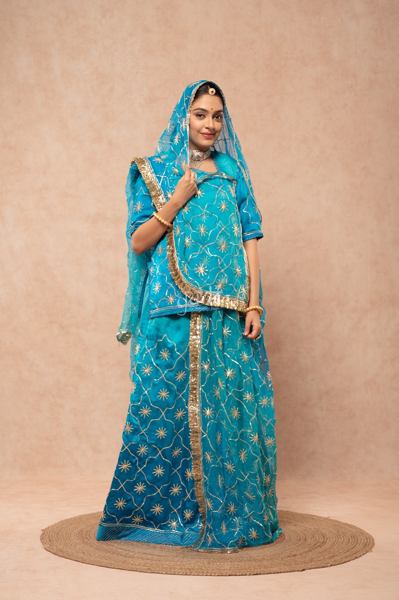 Firozi Bue Bamber Satin Sikhiya Gotta work   Poshak with Pure Odhana (unstitched)