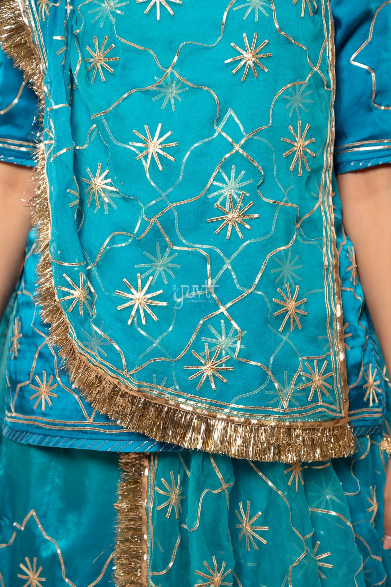 Firozi Bue Bamber Satin Sikhiya Gotta work   Poshak with Pure Odhana (unstitched)