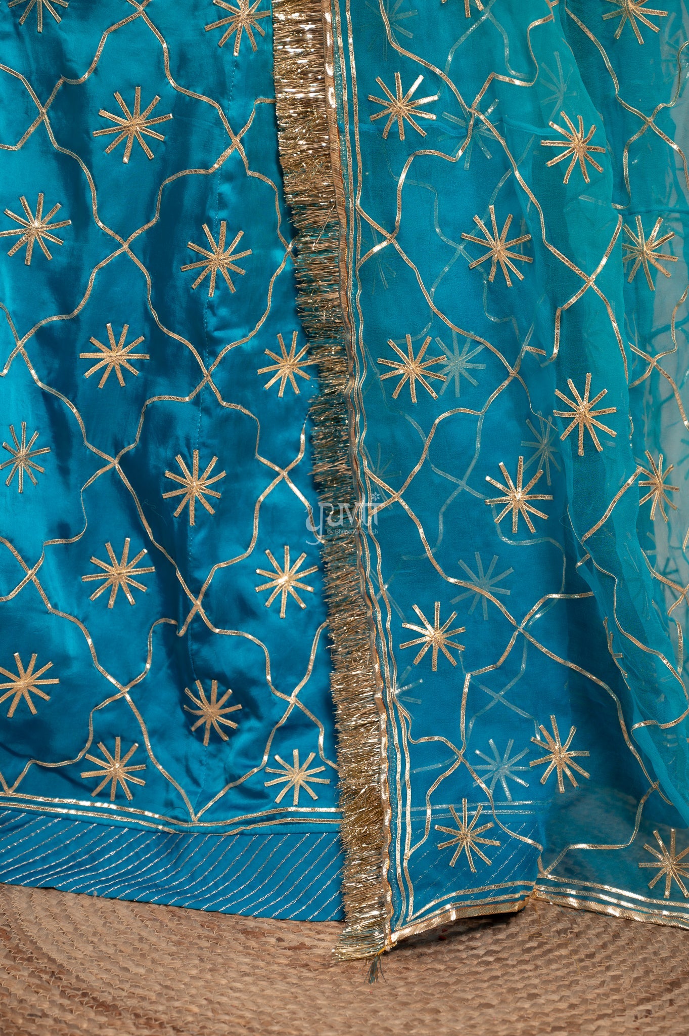 Firozi Bue Bamber Satin Sikhiya Gotta work   Poshak with Pure Odhana (unstitched)