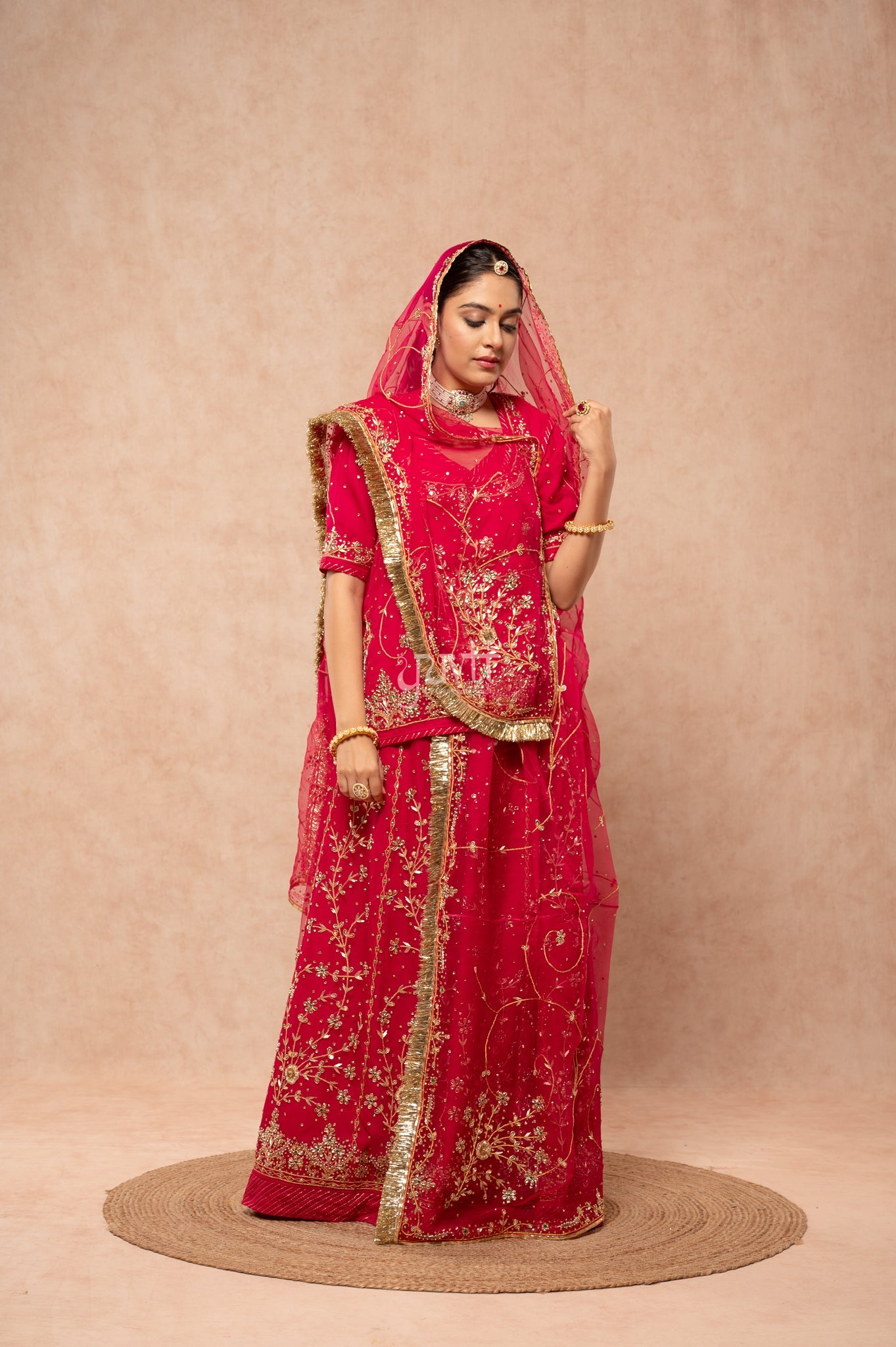 Rani Pure Georgette Kundan Kardana Zardozi Handwork  Poshak with Pure Odhana (unstitched)