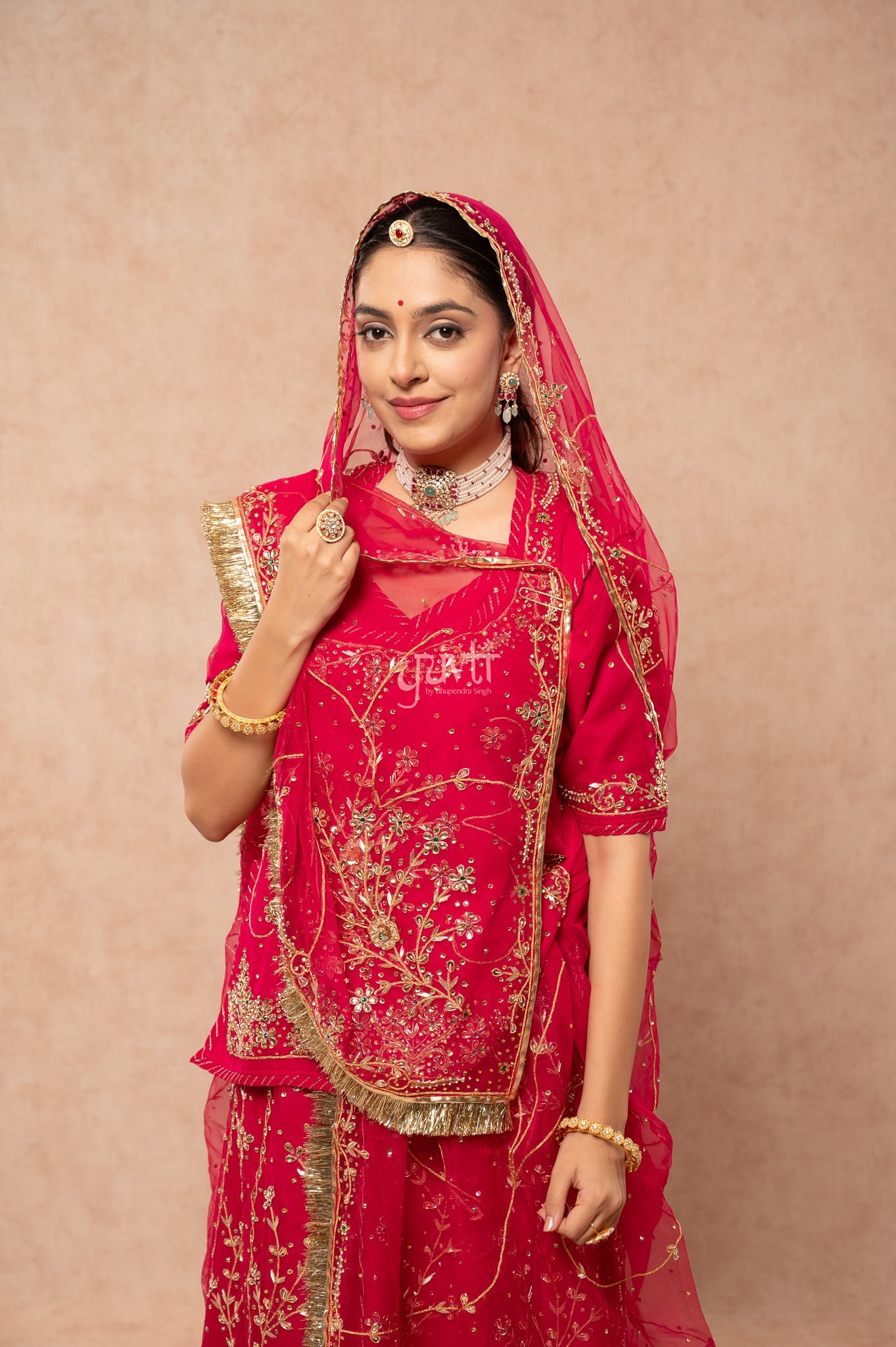 Rani Pure Georgette Kundan Kardana Zardozi Handwork  Poshak with Pure Odhana (unstitched)