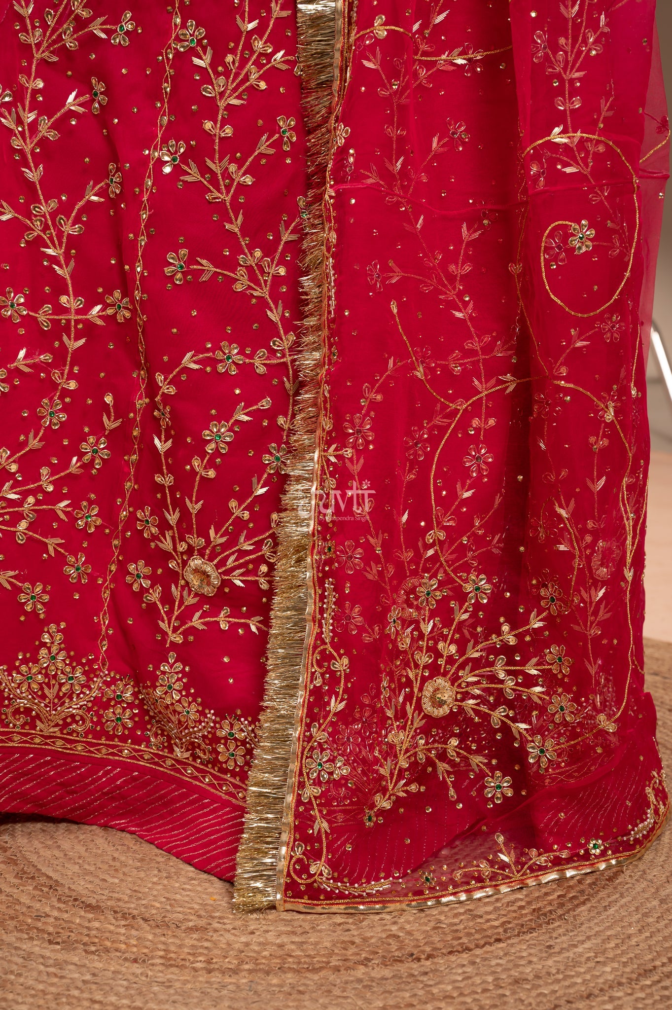 Rani Pure Georgette Kundan Kardana Zardozi Handwork  Poshak with Pure Odhana (unstitched)