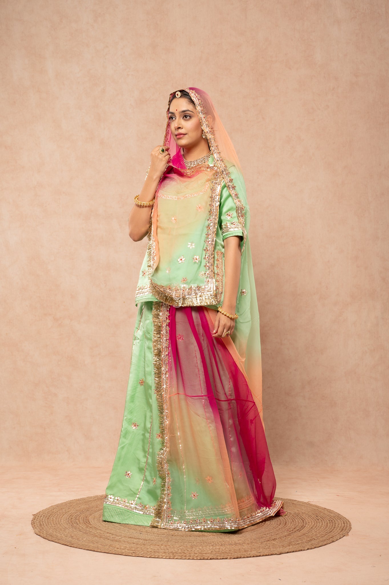 Pista Green Bamber Satin Gotta Patti Dhora work   Poshak with Pure Odhana (unstitched)