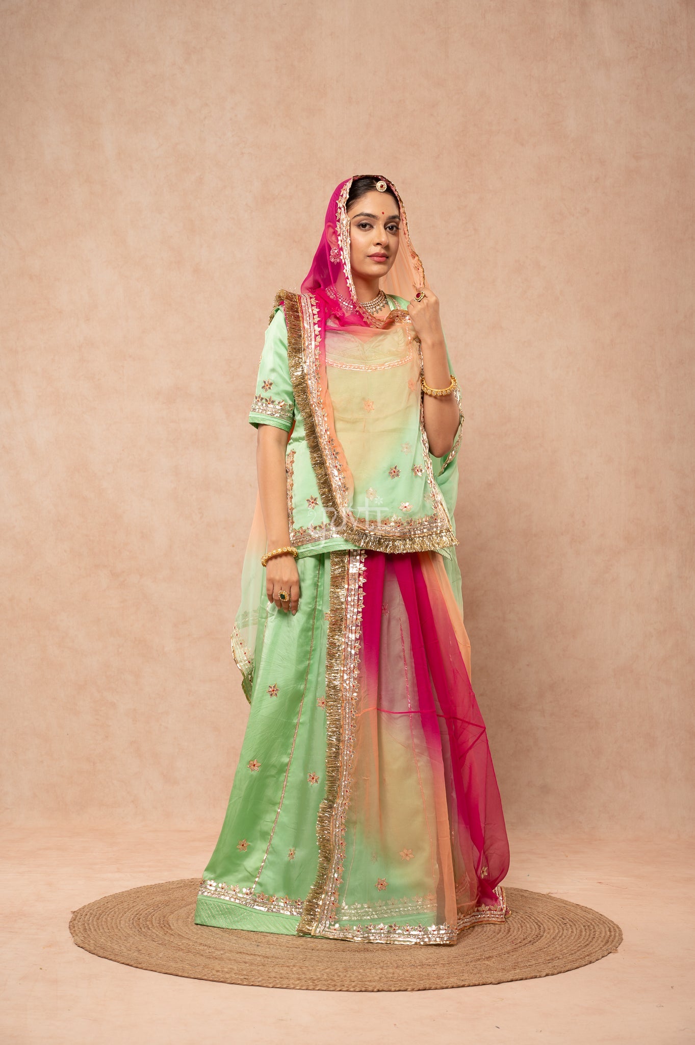 Pista Green Bamber Satin Gotta Patti Dhora work   Poshak with Pure Odhana (unstitched)