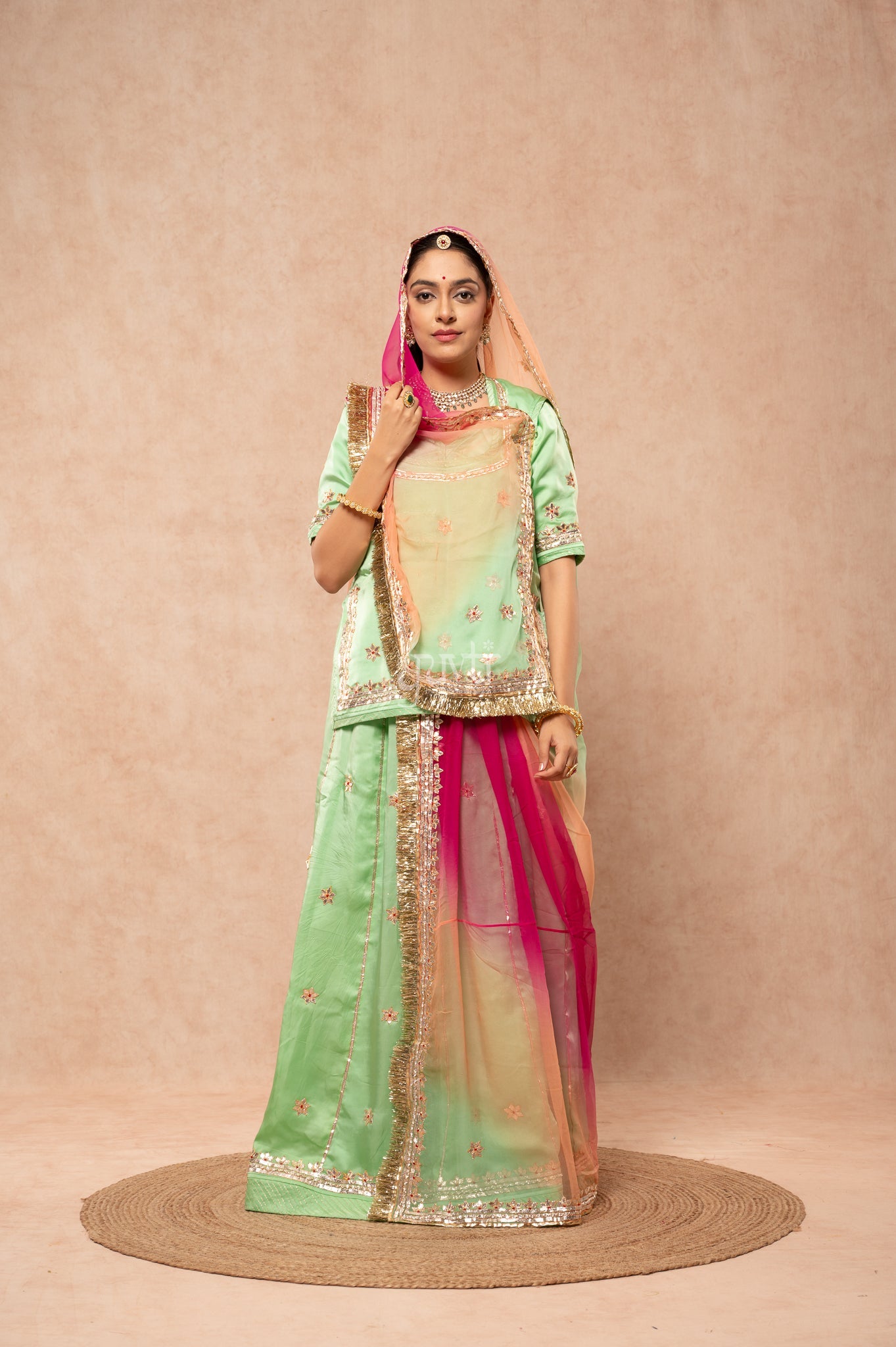 Pista Green Bamber Satin Gotta Patti Dhora work   Poshak with Pure Odhana (unstitched)