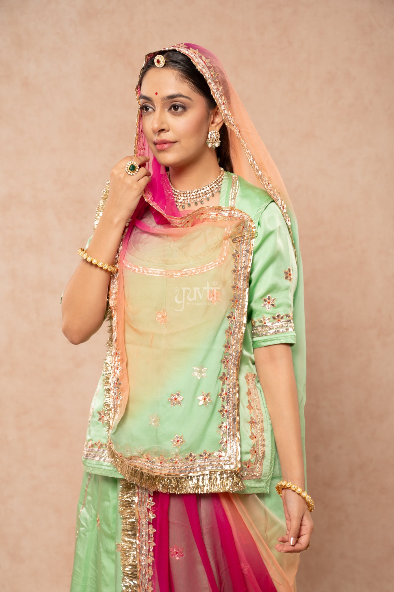 Pista Green Bamber Satin Gotta Patti Dhora work   Poshak with Pure Odhana (unstitched)