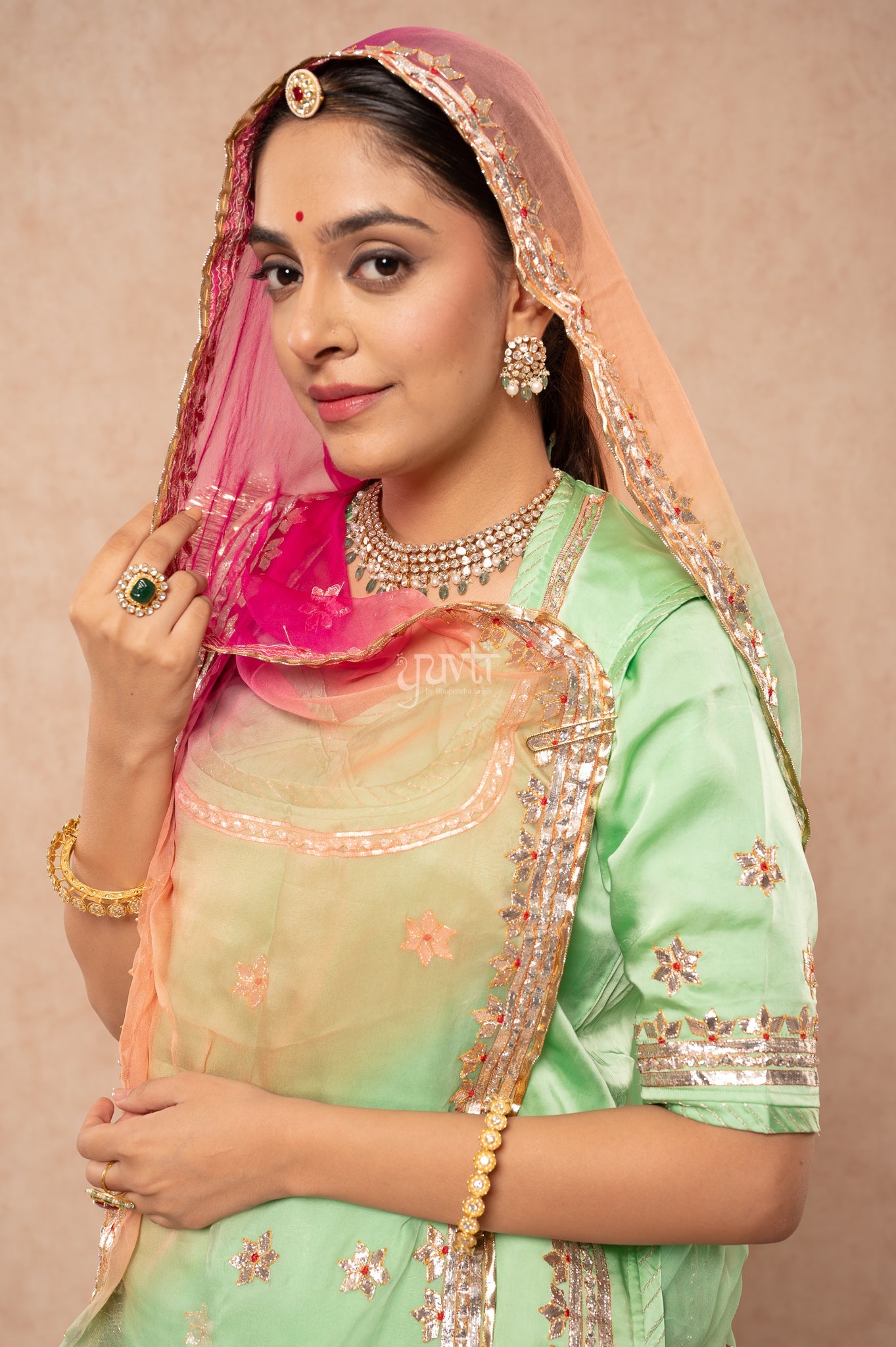 Pista Green Bamber Satin Gotta Patti Dhora work   Poshak with Pure Odhana (unstitched)