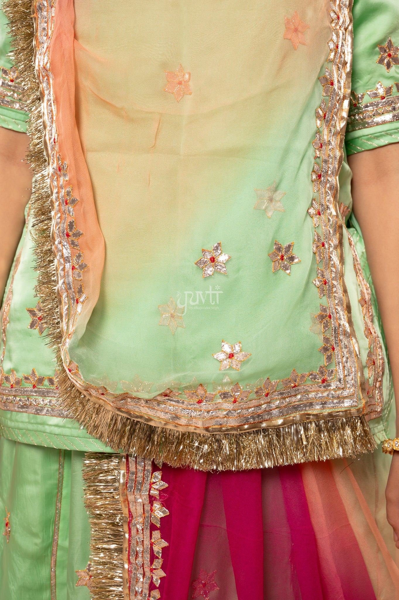 Pista Green Bamber Satin Gotta Patti Dhora work   Poshak with Pure Odhana (unstitched)