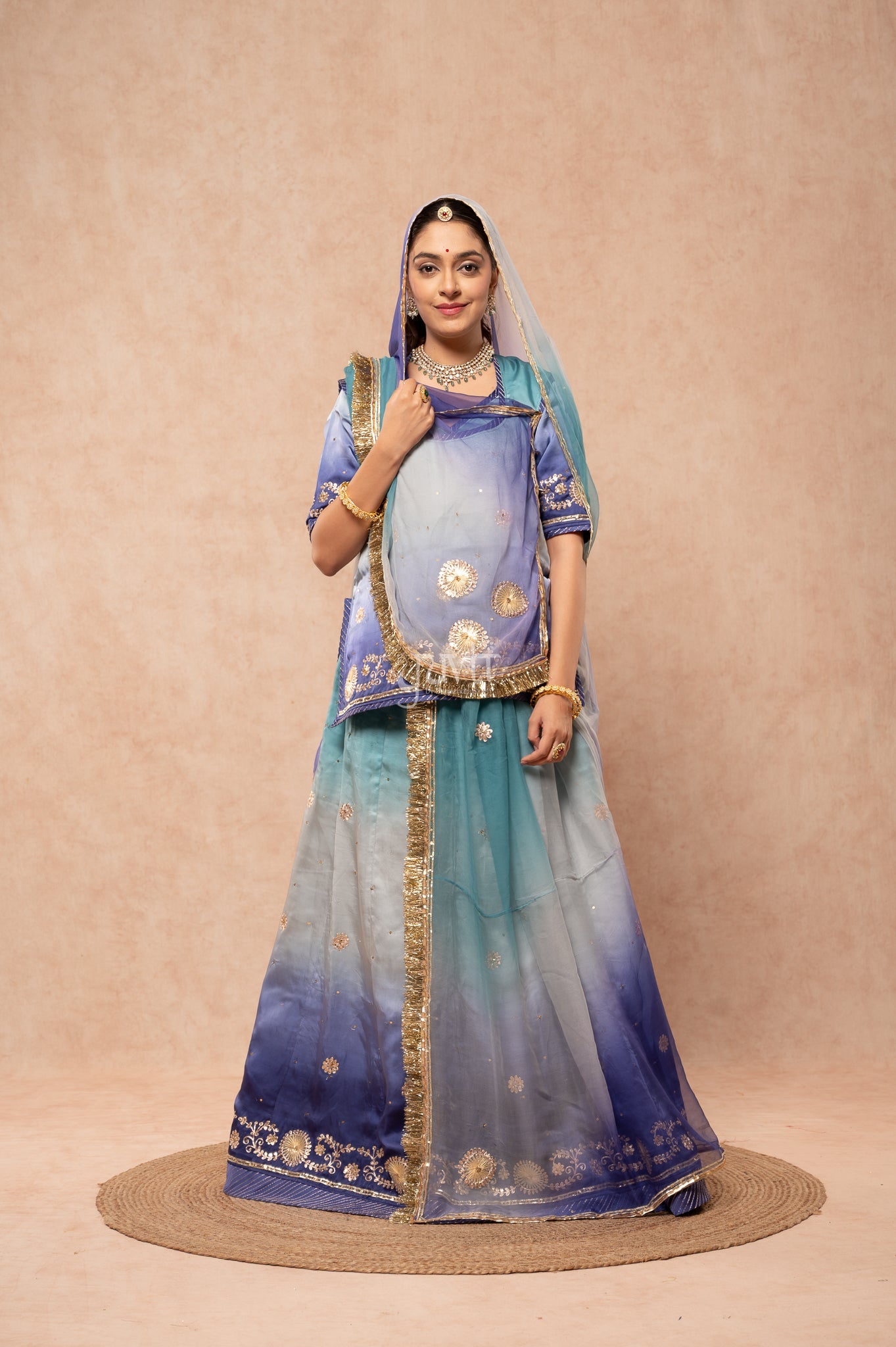 Purple- Grey Shaded Bamber Satin Sikhiya Gotta Zari Pitan Sequins   Poshak with Pure Multi Colour Odhana (unstitched)