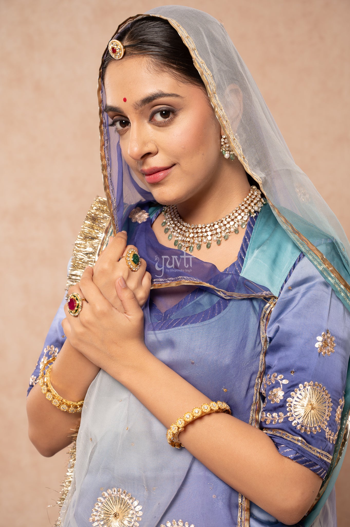 Purple- Grey Shaded Bamber Satin Sikhiya Gotta Zari Pitan Sequins   Poshak with Pure Multi Colour Odhana (unstitched)