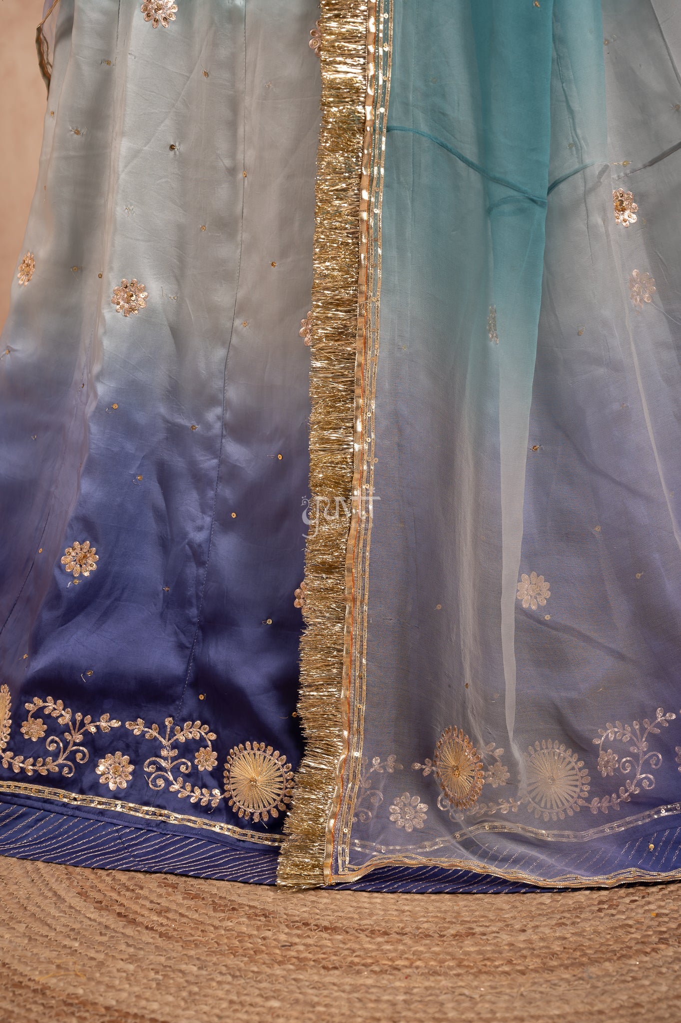Purple- Grey Shaded Bamber Satin Sikhiya Gotta Zari Pitan Sequins   Poshak with Pure Multi Colour Odhana (unstitched)