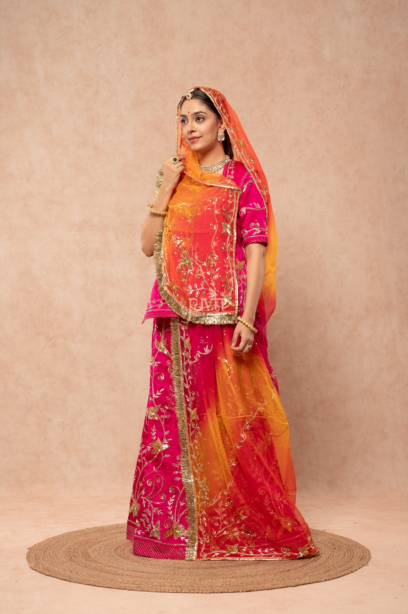 Rani Bamber Satin Aari Sequins Handwork  Poshak with Pure Multi Odhana (unstitched)