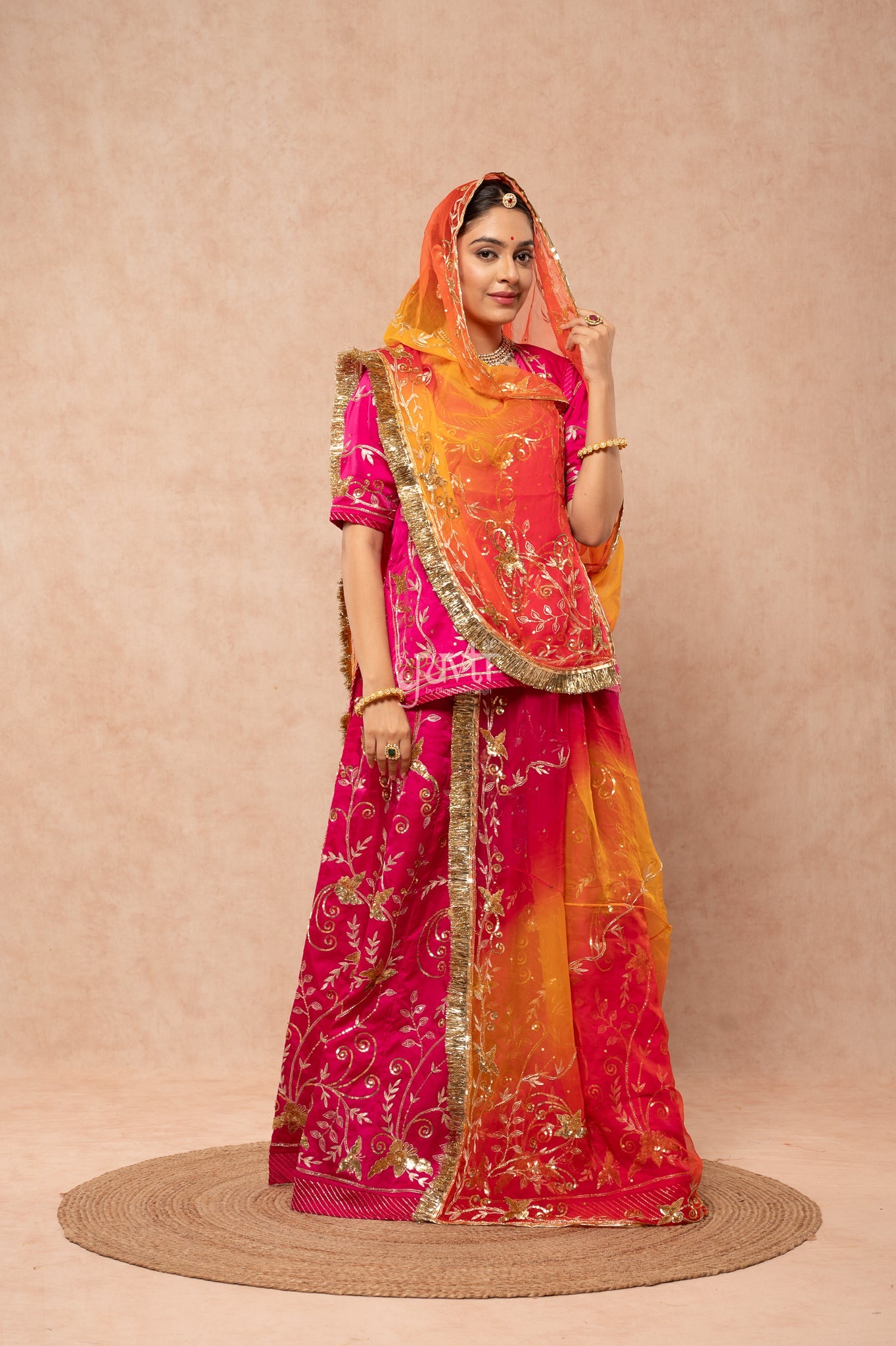 Rani Bamber Satin Aari Sequins Handwork  Poshak with Pure Multi Odhana (unstitched)