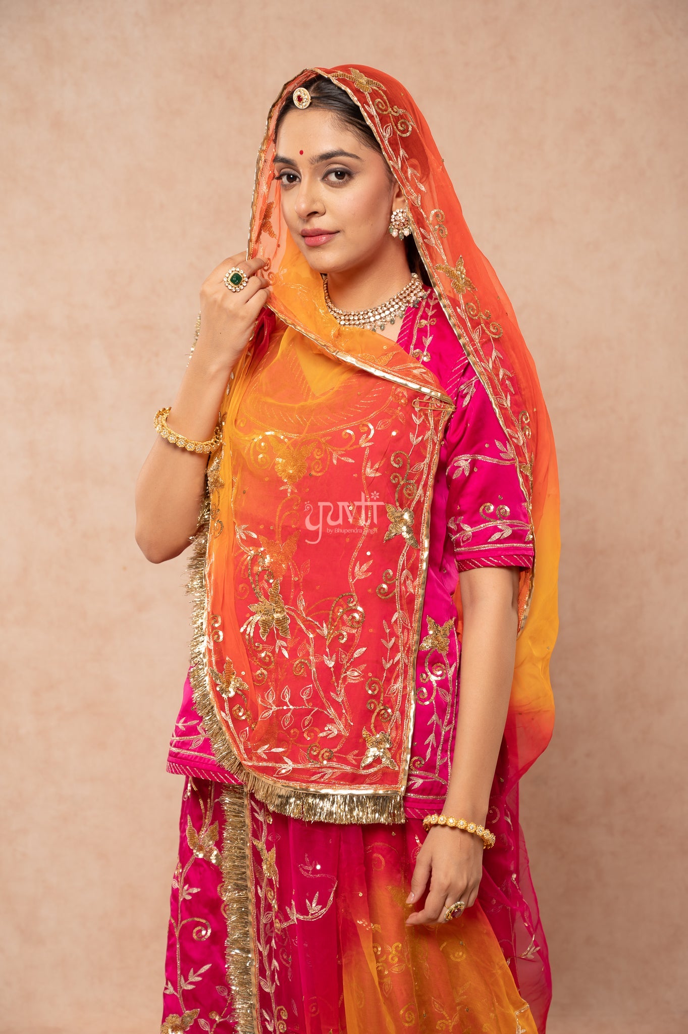 Rani Bamber Satin Aari Sequins Handwork  Poshak with Pure Multi Odhana (unstitched)