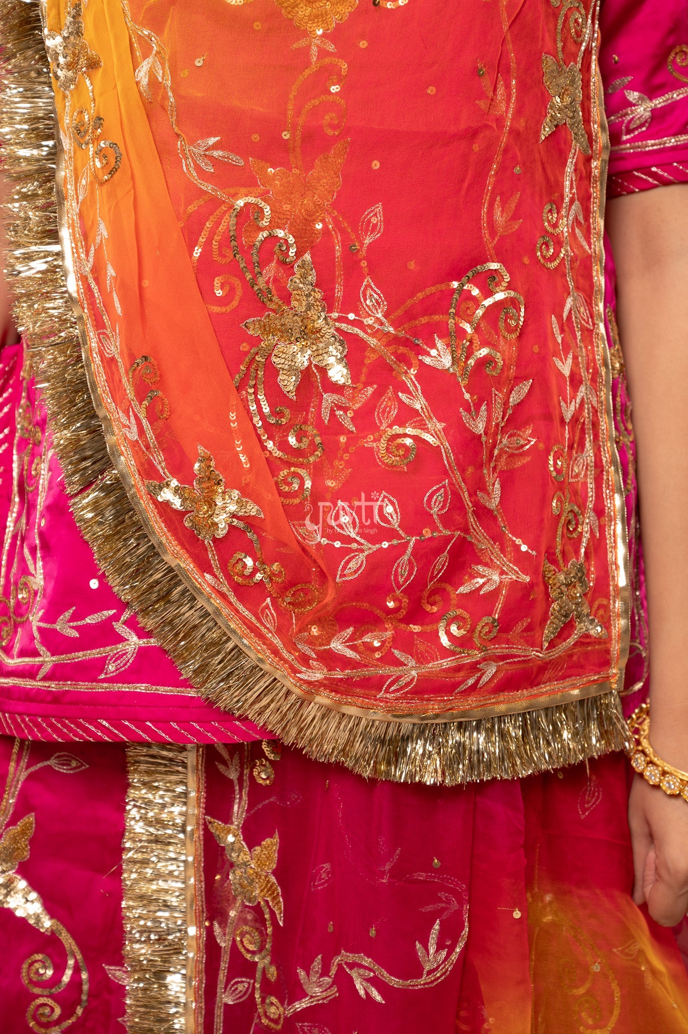 Rani Bamber Satin Aari Sequins Handwork  Poshak with Pure Multi Odhana (unstitched)