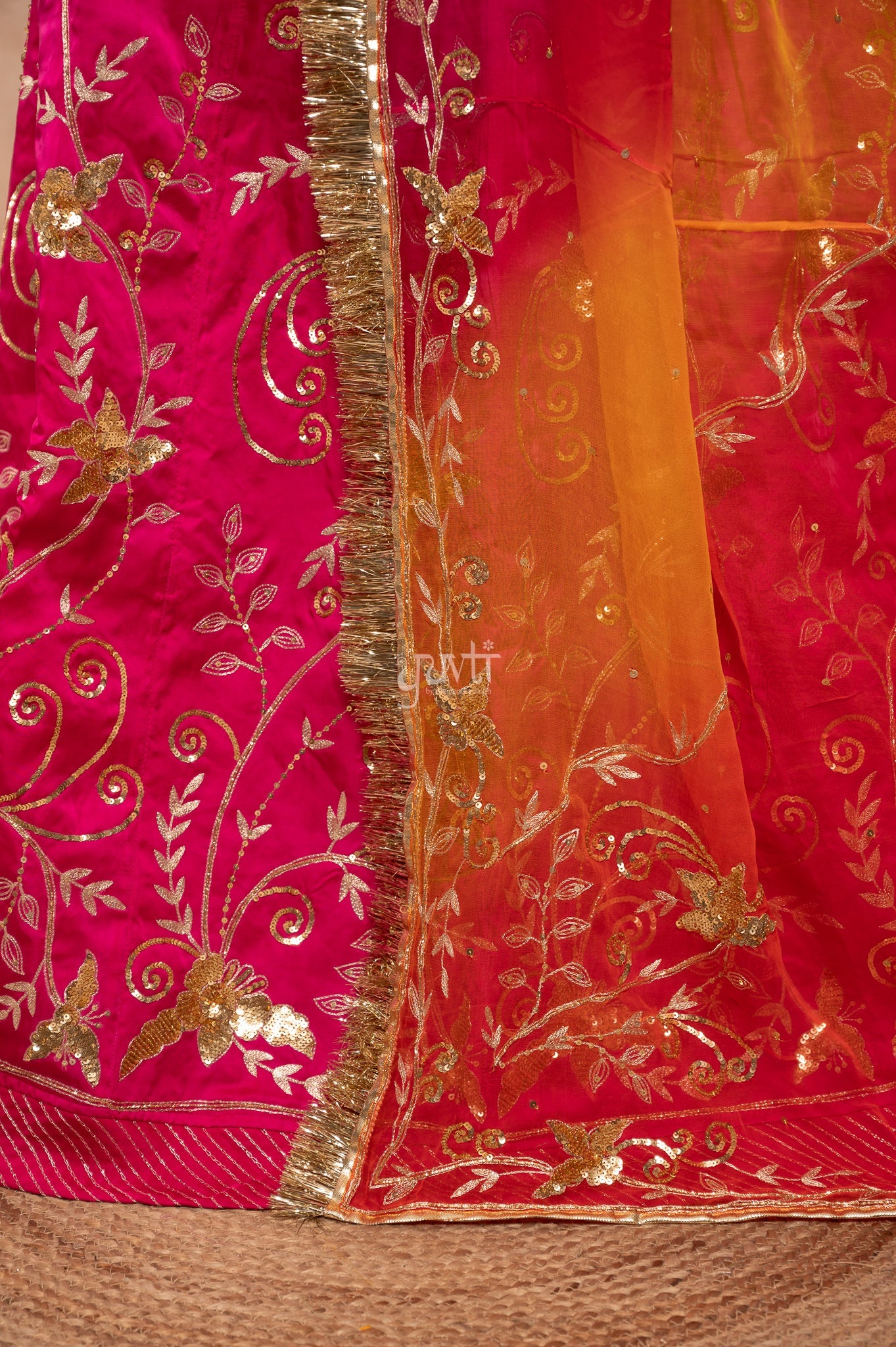 Rani Bamber Satin Aari Sequins Handwork  Poshak with Pure Multi Odhana (unstitched)