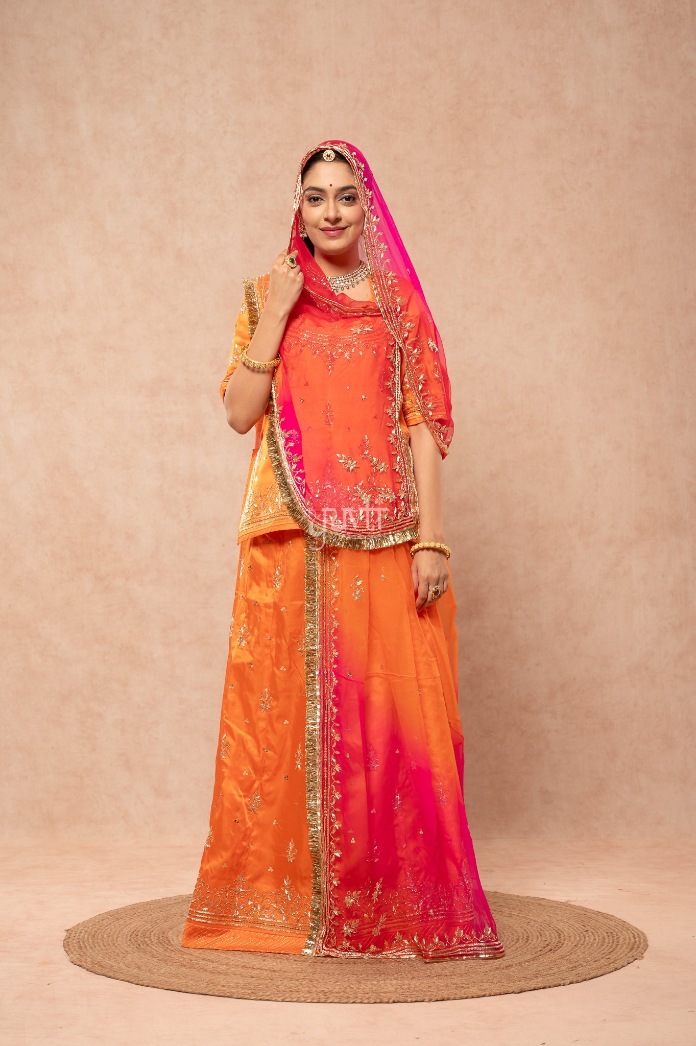 Orange Bamber Satin Zardozi Sequins Handwork  Poshak with Pure Multi Shaded Odhana (unstitched)
